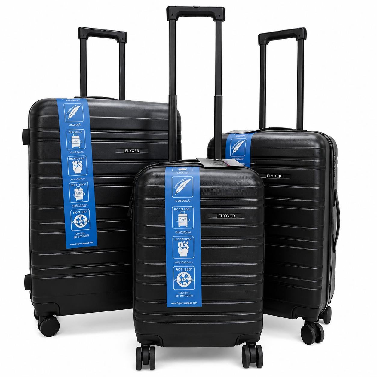 Set 3 valize troller, ABS, roti duble 360°, maner telescopic, 73/65/55 cm – mare, medie si cabina