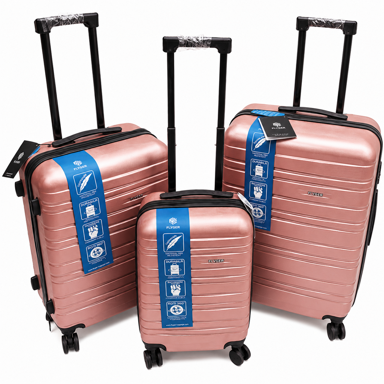 Set 3 valize troller, ABS, roti duble 360°, maner telescopic, 73/65/55 cm – mare, medie si cabina
