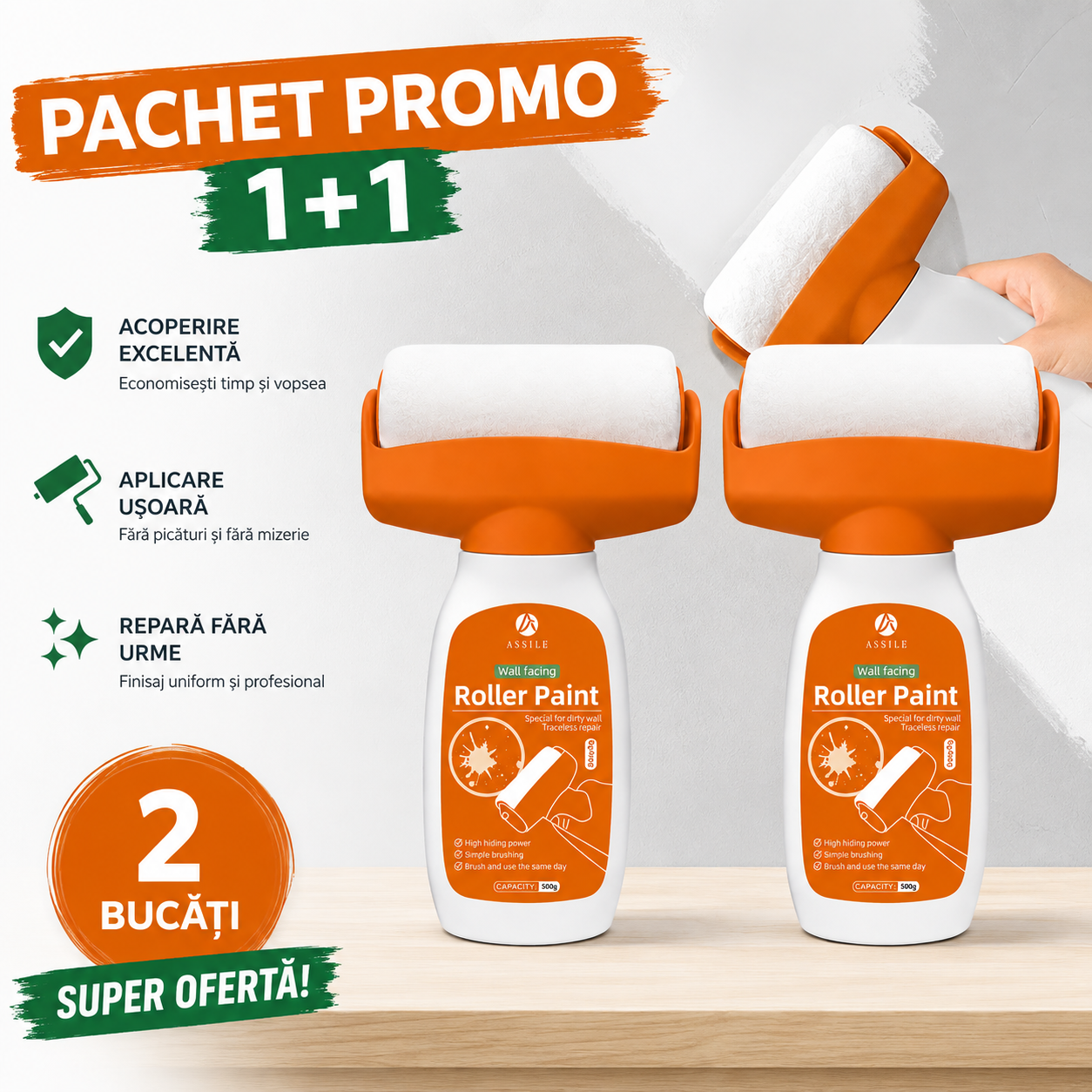 Set 2 x trafalet magic cu rezervor integrat, 1+1, vopsea alba 500g, rezervor reincarcabil, fara tava, uscare 30 min