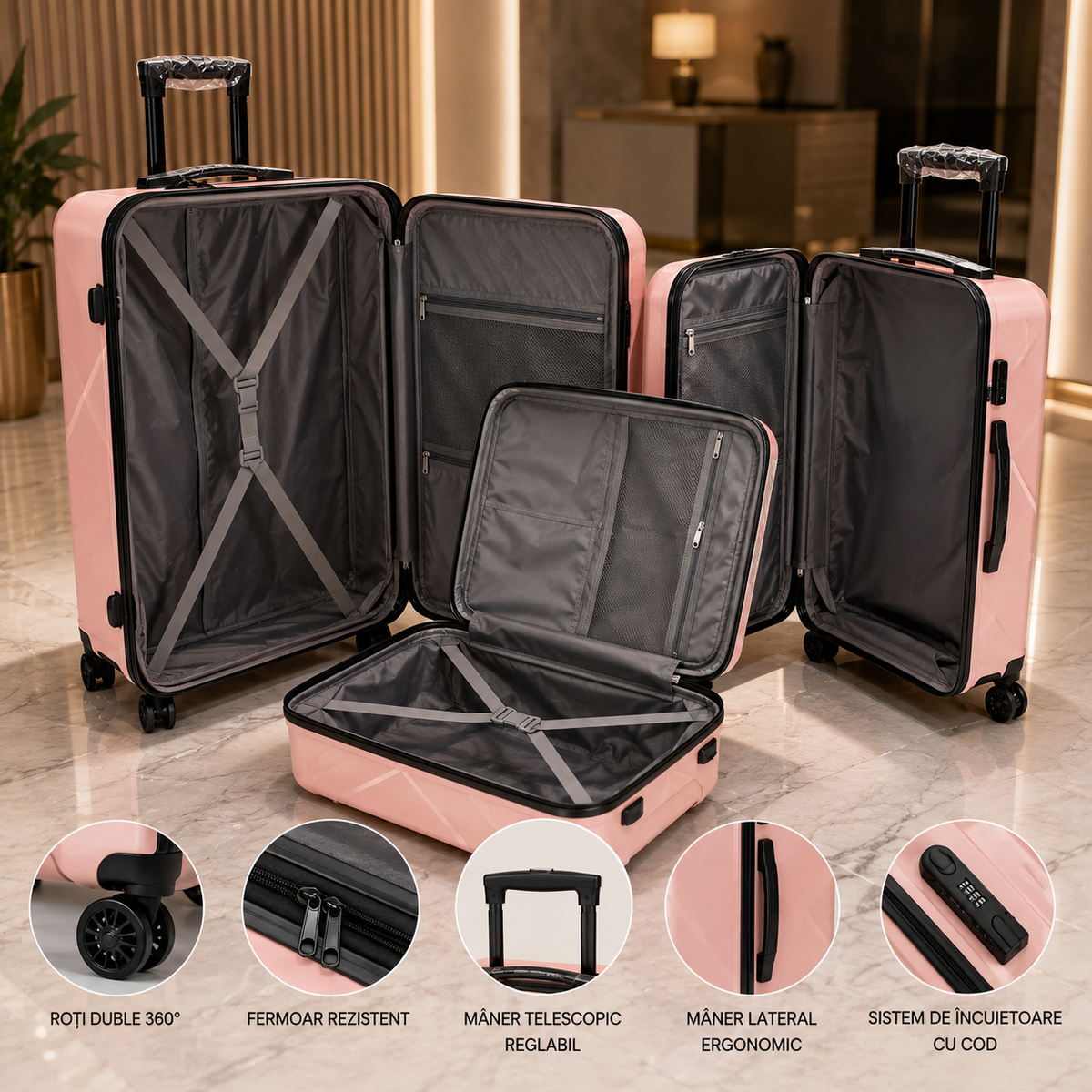 Set 3 valize troller din ABS, mare 73 cm + medie 65 cm + cabina 55 cm, roți duble 360°, maner telescopic, carcasă rigida