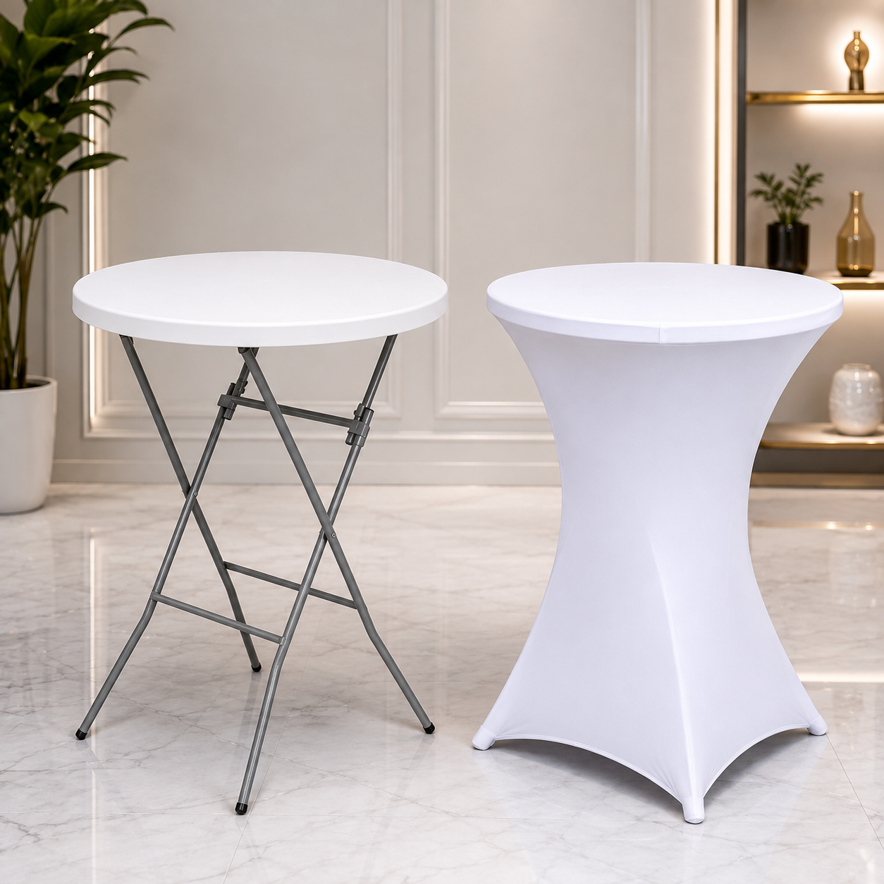 Masa cocktail pliabila, diametru 80 cm, H110 cm, cadru metalic, husa elastica inclusa
