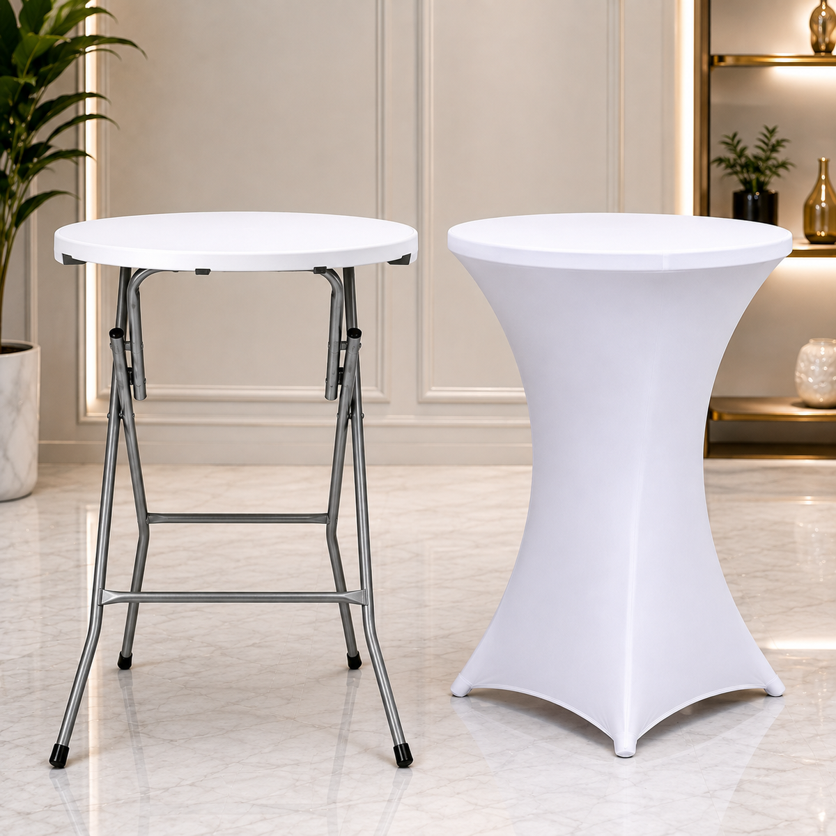 Masa cocktail pliabila, diametru 80 cm, H110 cm, cadru metalic, husa elastica inclusa