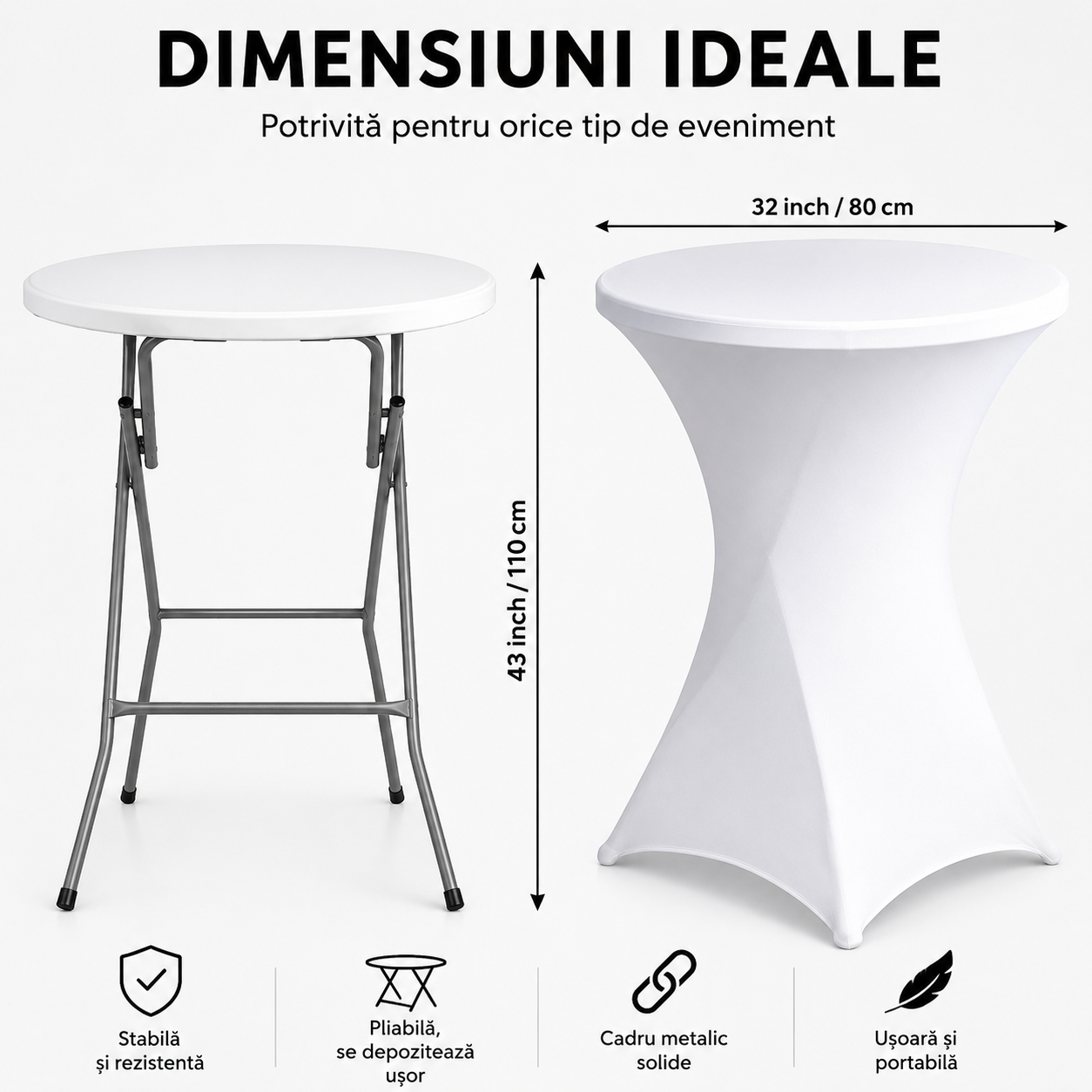 Masa cocktail pliabila, diametru 80 cm, H110 cm, cadru metalic, husa elastica inclusa