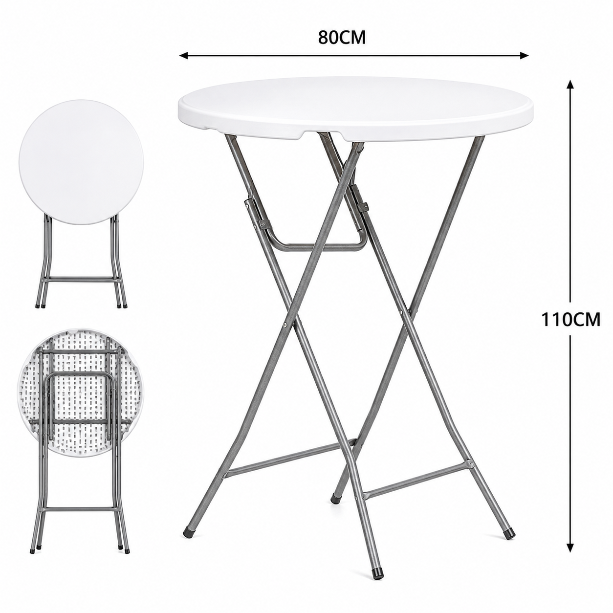 Masa cocktail pliabila, diametru 80 cm, H110 cm, cadru metalic, husa elastica inclusa