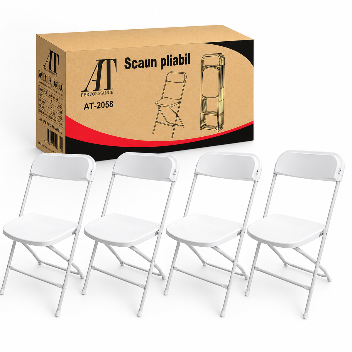 Set 4 scaune pliabile albe, structura metalica, sezut si spatar din ABS rezistent – evenimente, terasa, bucatarie si uz profesional