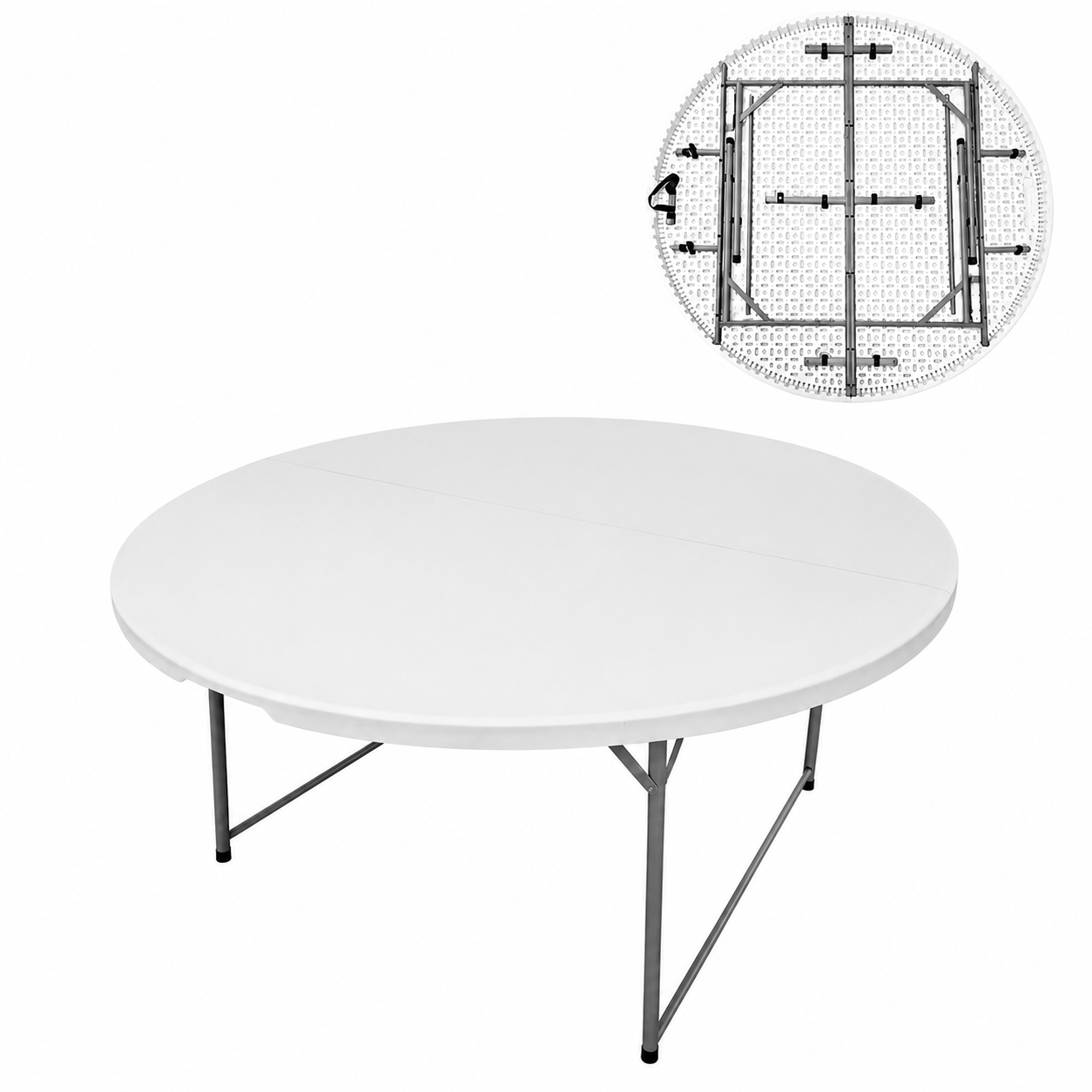 Masa rotunda pliabila diamentru 150 cm, HDPE profesional, 8-10 persoane, capacitate 400 kg – evenimente, catering si hoReCa