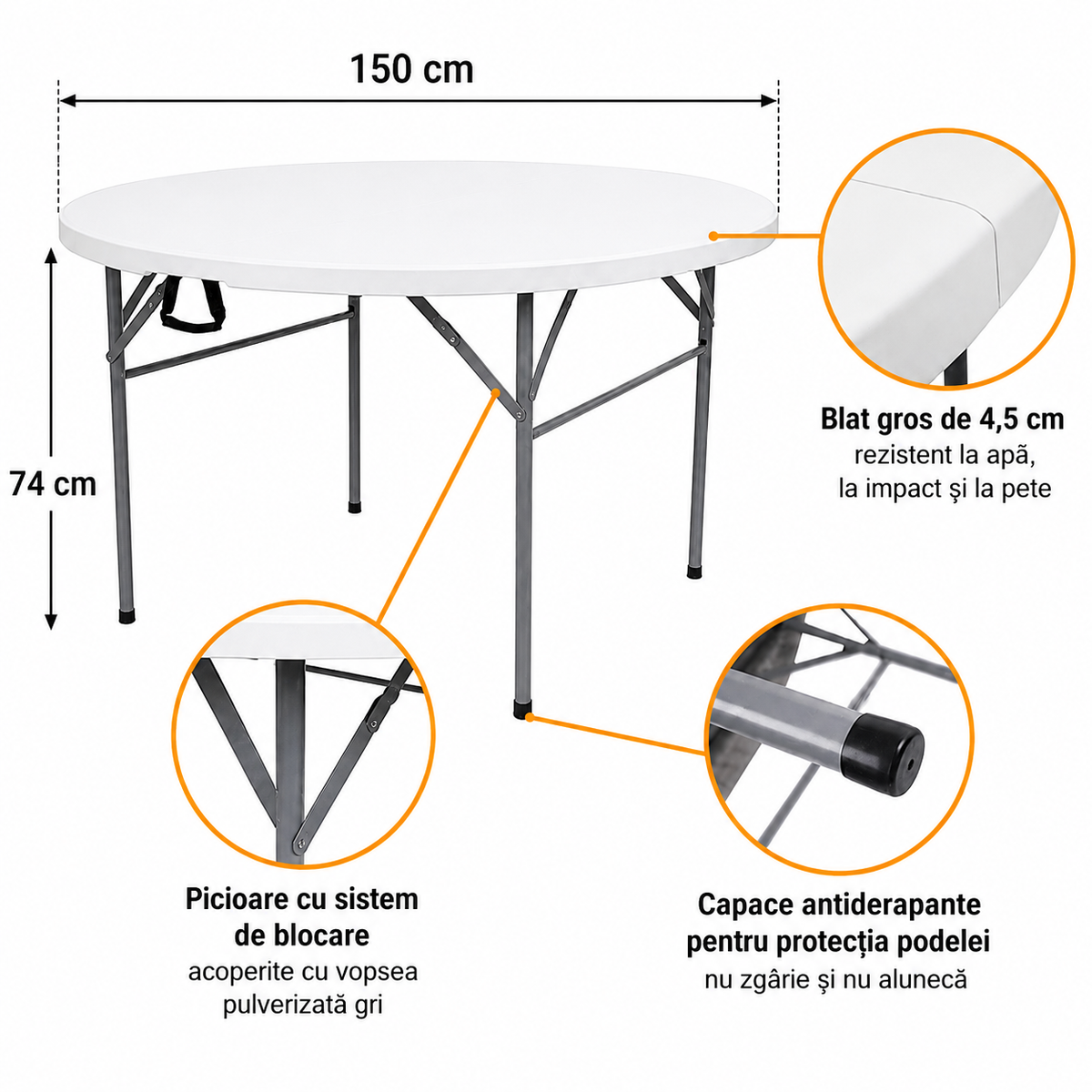 Masa rotunda pliabila diamentru 150 cm, HDPE profesional, 8-10 persoane, capacitate 400 kg – evenimente, catering si hoReCa
