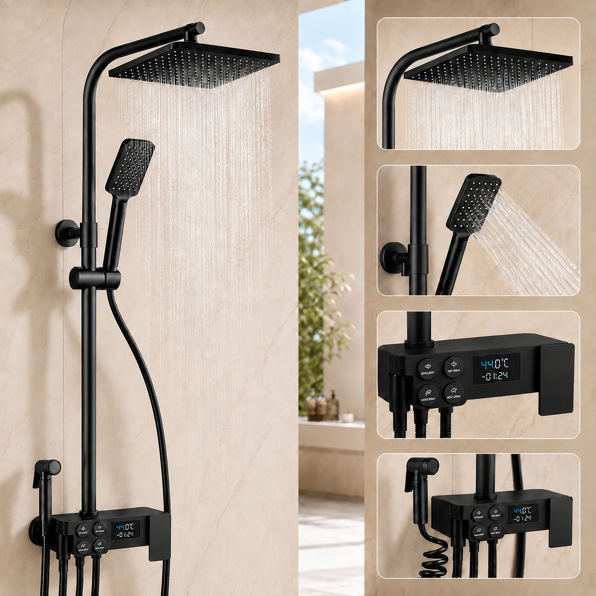 Coloana dus smart cu afisaj digital, dus ploaie, 4 functii, negru mat