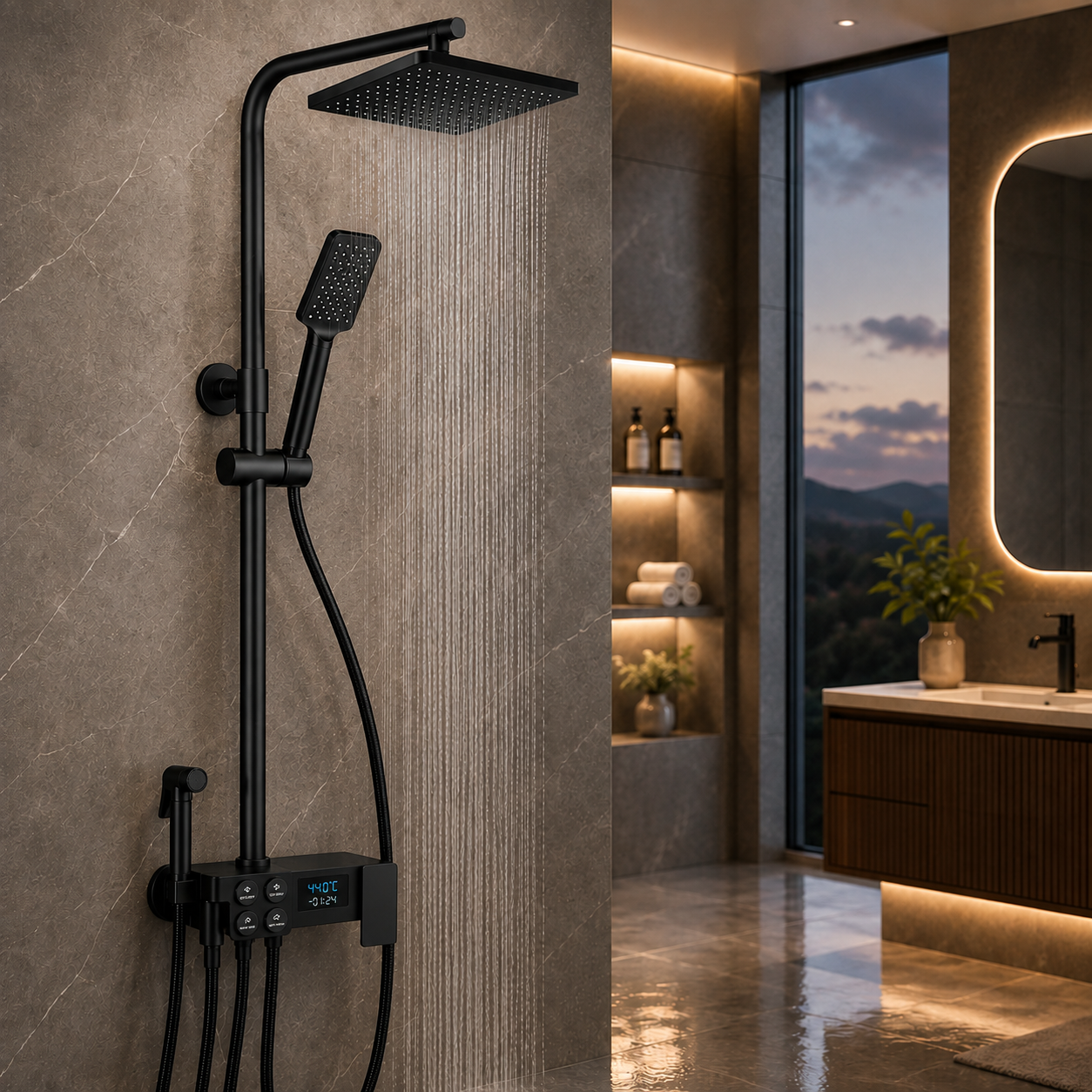 Coloana dus smart cu afisaj digital, dus ploaie, 4 functii, negru mat