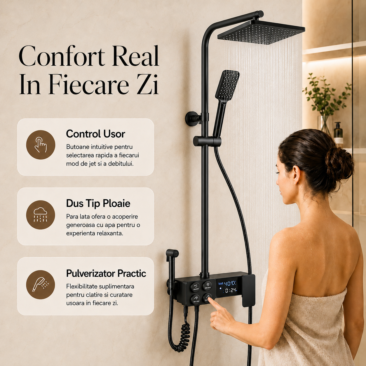 Coloana dus smart cu afisaj digital, dus ploaie, 4 functii, negru mat