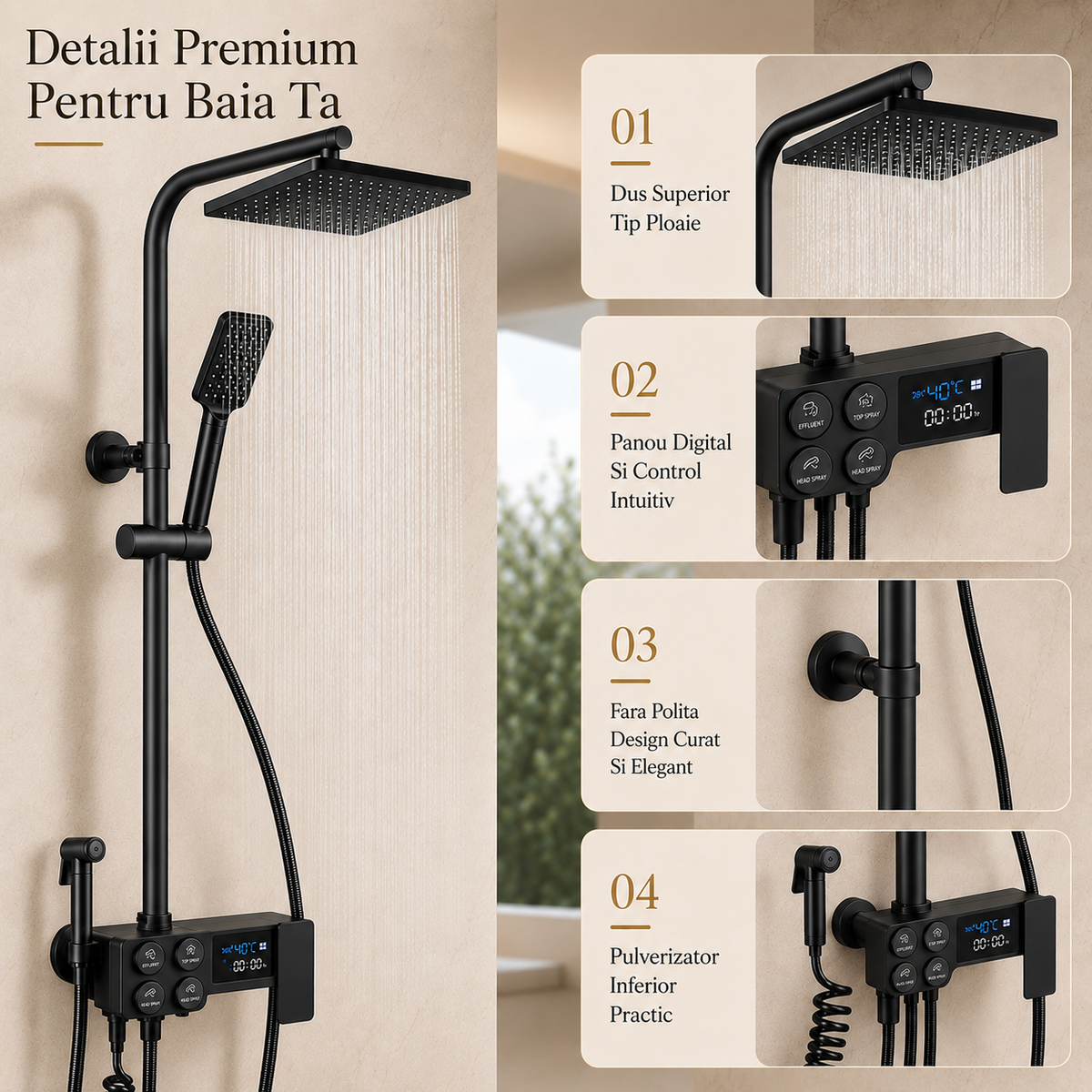 Coloana dus smart cu afisaj digital, dus ploaie, 4 functii, negru mat