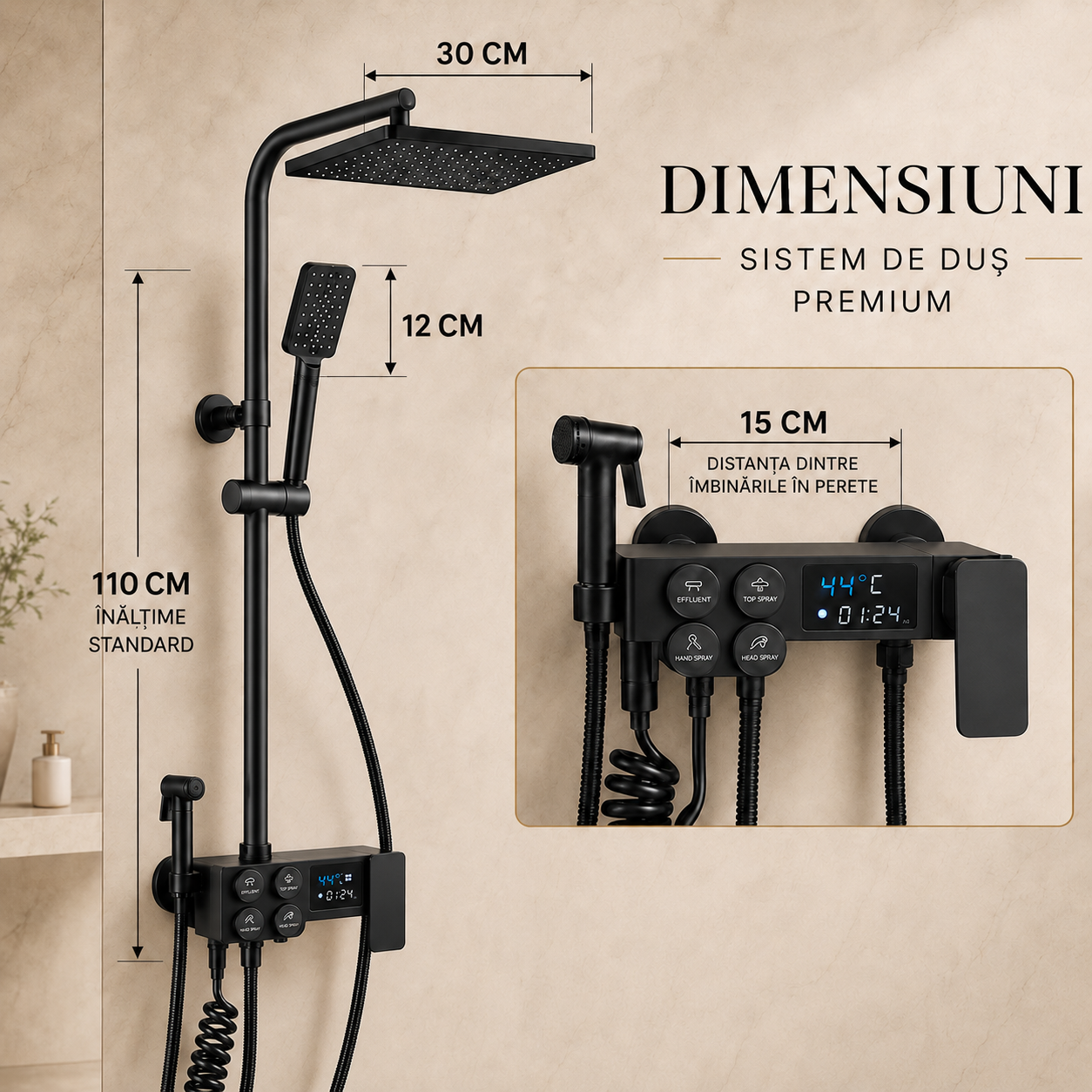 Coloana dus smart cu afisaj digital, dus ploaie, 4 functii, negru mat