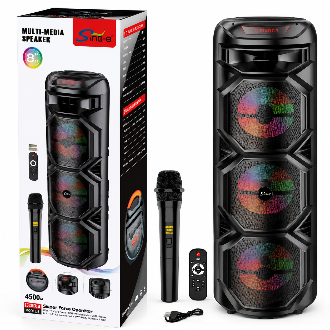 Boxa portabila, 3 x 8", Bluetooth 5.0, lumini LED RGB, microfon wireless, USB, TF card, FM radio, karaoke