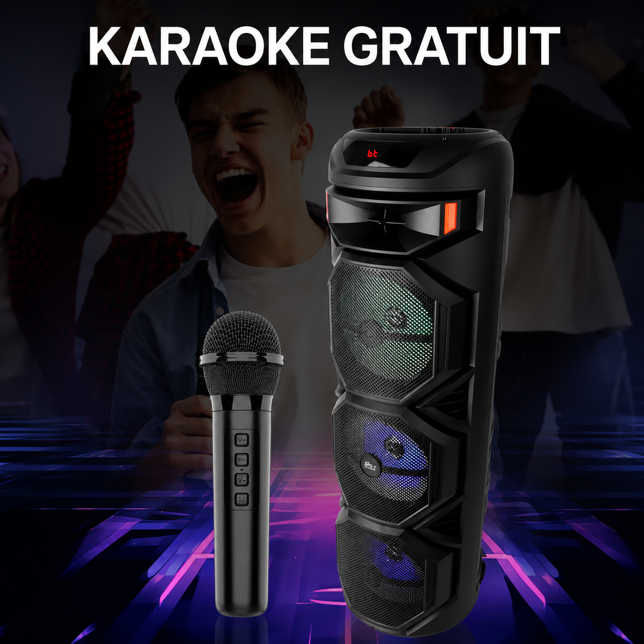 Boxa portabila, 3 x 8", Bluetooth 5.0, lumini LED RGB, microfon wireless, USB, TF card, FM radio, karaoke
