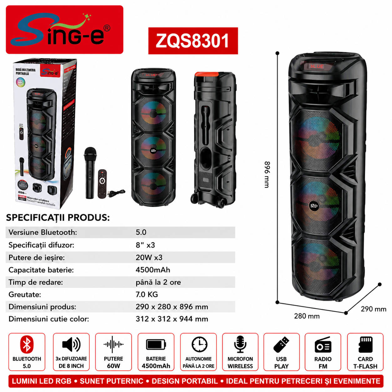 Boxa portabila, 3 x 8", Bluetooth 5.0, lumini LED RGB, microfon wireless, USB, TF card, FM radio, karaoke