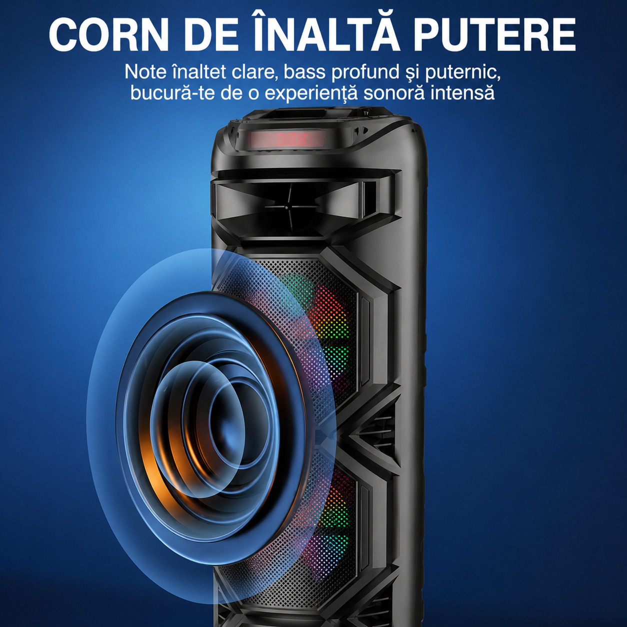 Boxa portabila, 3 x 8", Bluetooth 5.0, lumini LED RGB, microfon wireless, USB, TF card, FM radio, karaoke