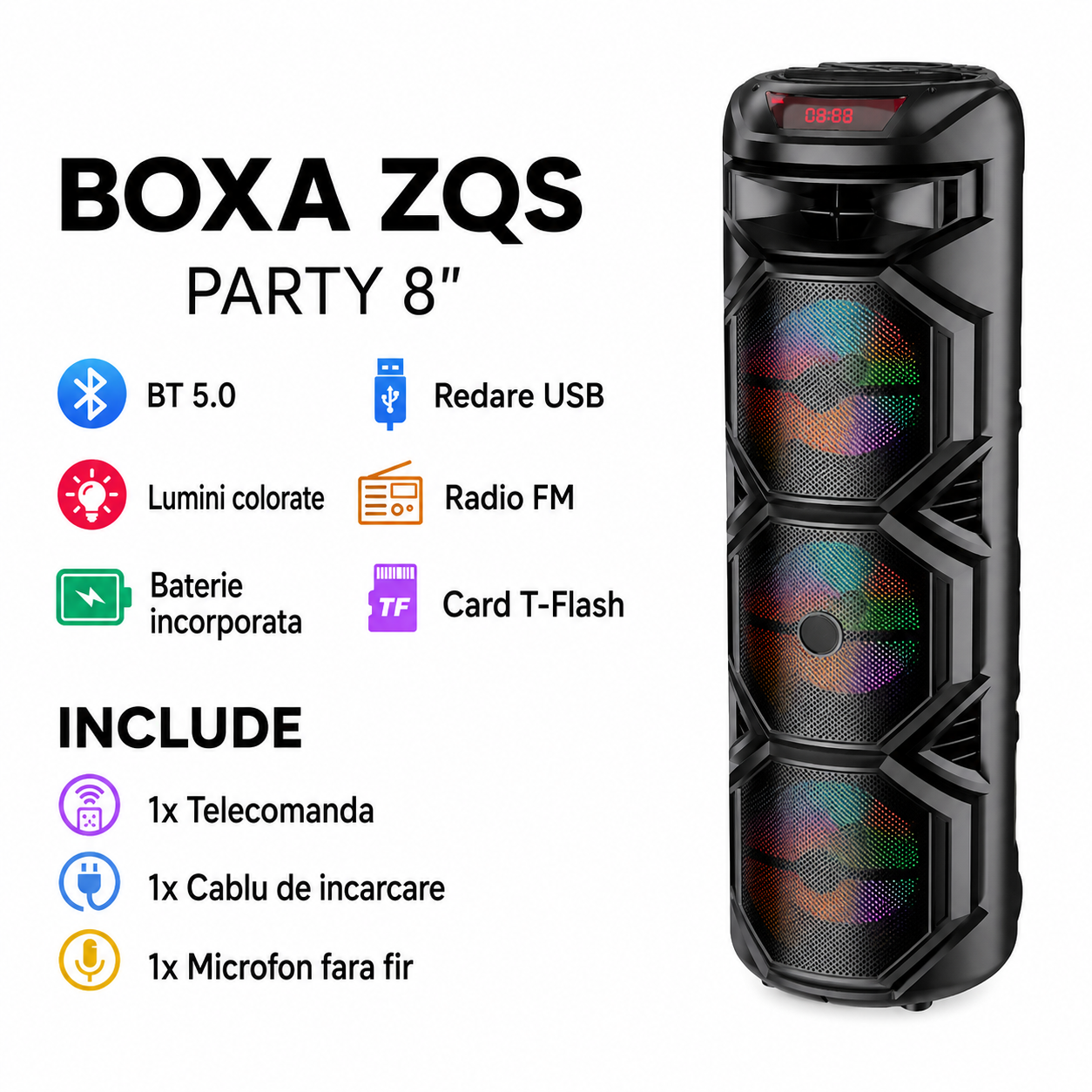 Boxa portabila, 3 x 8", Bluetooth 5.0, lumini LED RGB, microfon wireless, USB, TF card, FM radio, karaoke