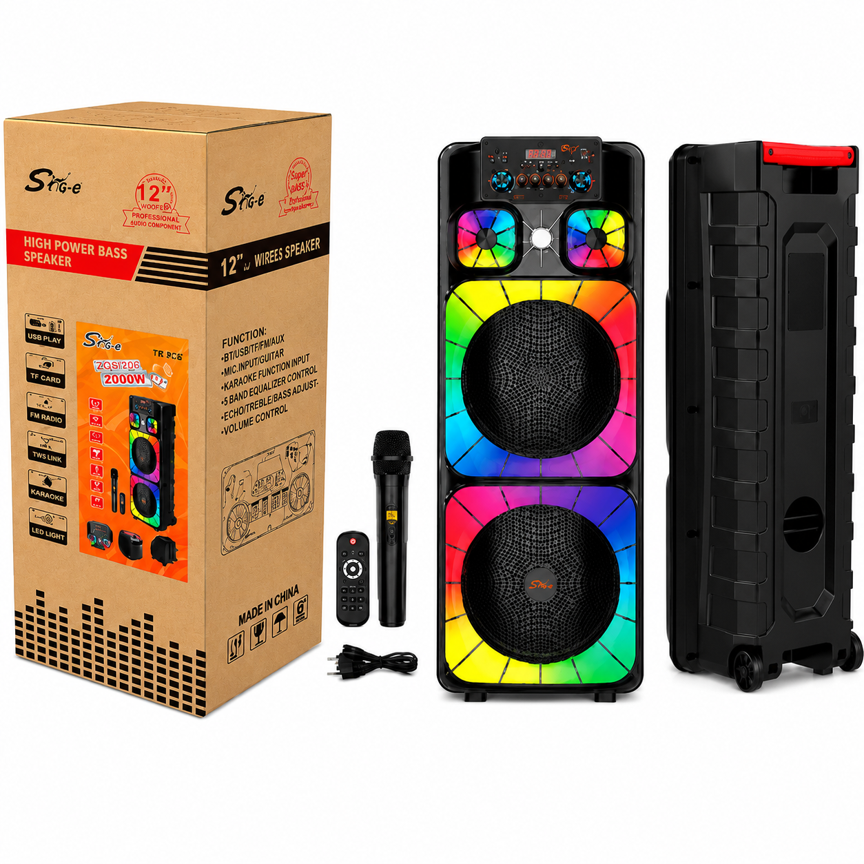 Boxa portabila karaoke Sing-e, Bluetooth, 2 × 12”, 80W, microfon wireless, LED RGB, USB/TF/AUX, telecomanda, acumulator 5000mAh