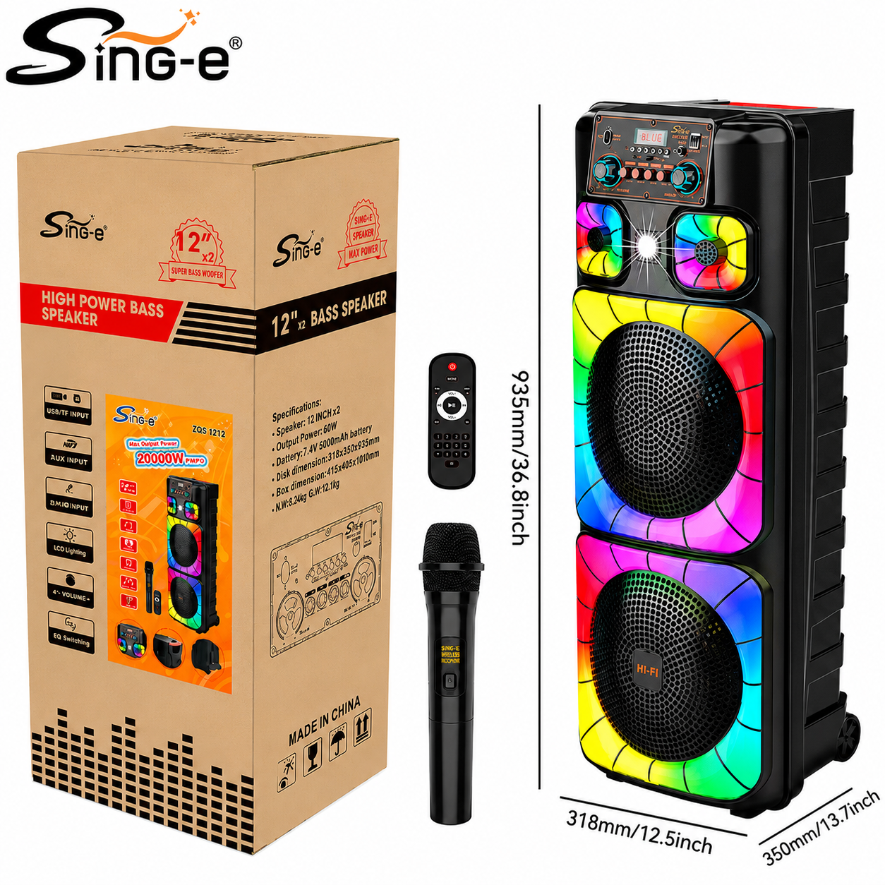Boxa portabila karaoke Sing-e, Bluetooth, 2 × 12”, 80W, microfon wireless, LED RGB, USB/TF/AUX, telecomanda, acumulator 5000mAh