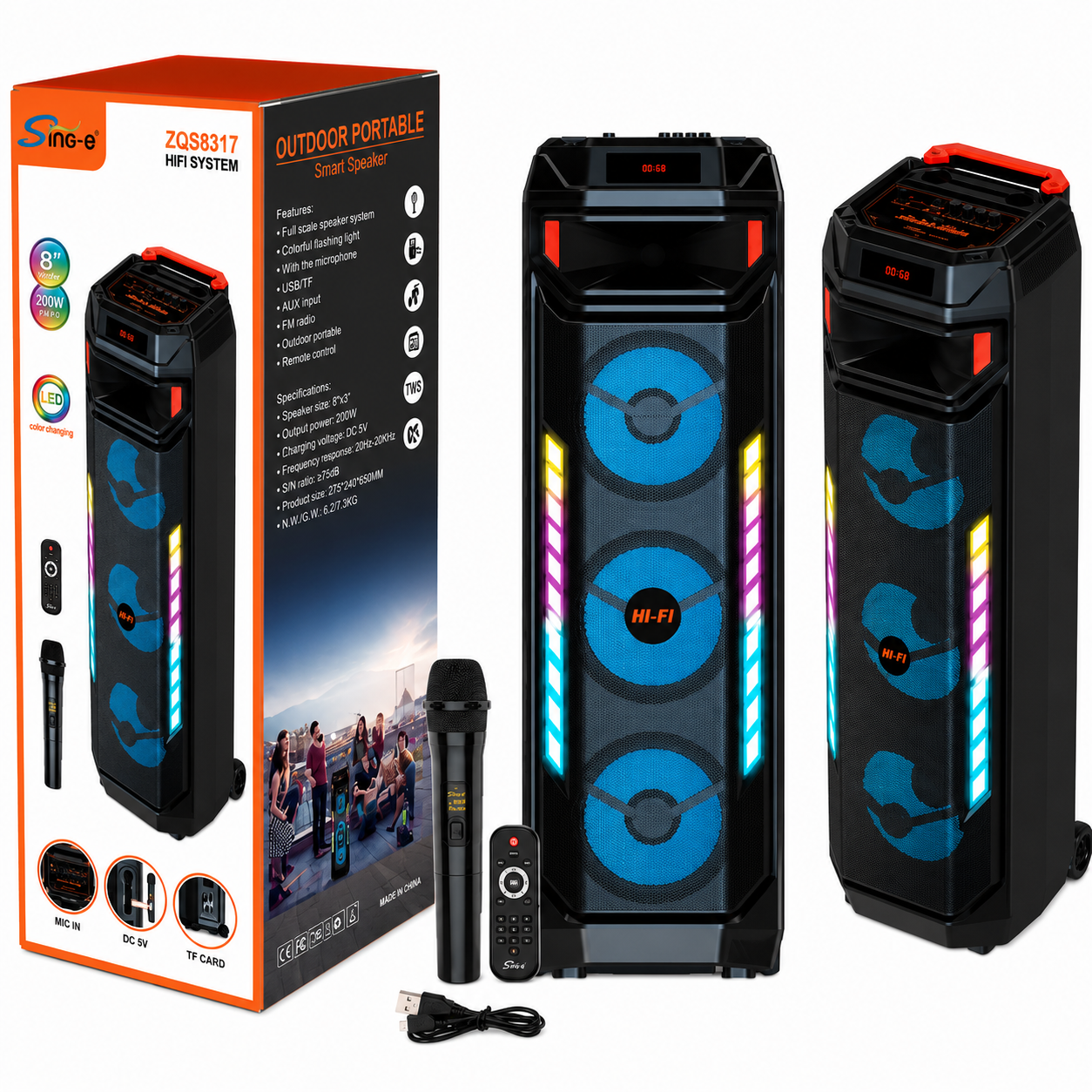 Boxa portabila karaoke Sing-e ZQS8317, Bluetooth, 3 × 8”, 60W, microfon Wi-Fi inclus, telecomanda, LED RGB, Acumulator 4500mAh