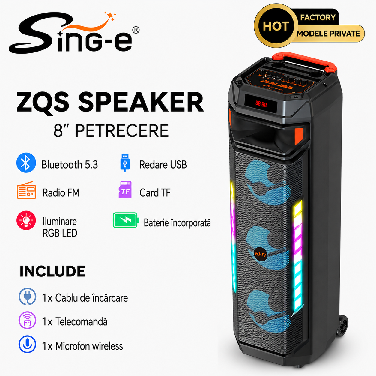 Boxa portabila karaoke Sing-e ZQS8317, Bluetooth, 3 × 8”, 60W, microfon Wi-Fi inclus, telecomanda, LED RGB, Acumulator 4500mAh