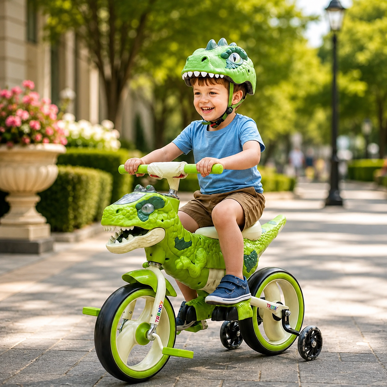 Bicicleta pentru copii 2 in 1 , model Dinozaur T-Rex, pedale detasabile, roti ajutatoare detasabile, roti cu LED, scaun ergonomic, verde