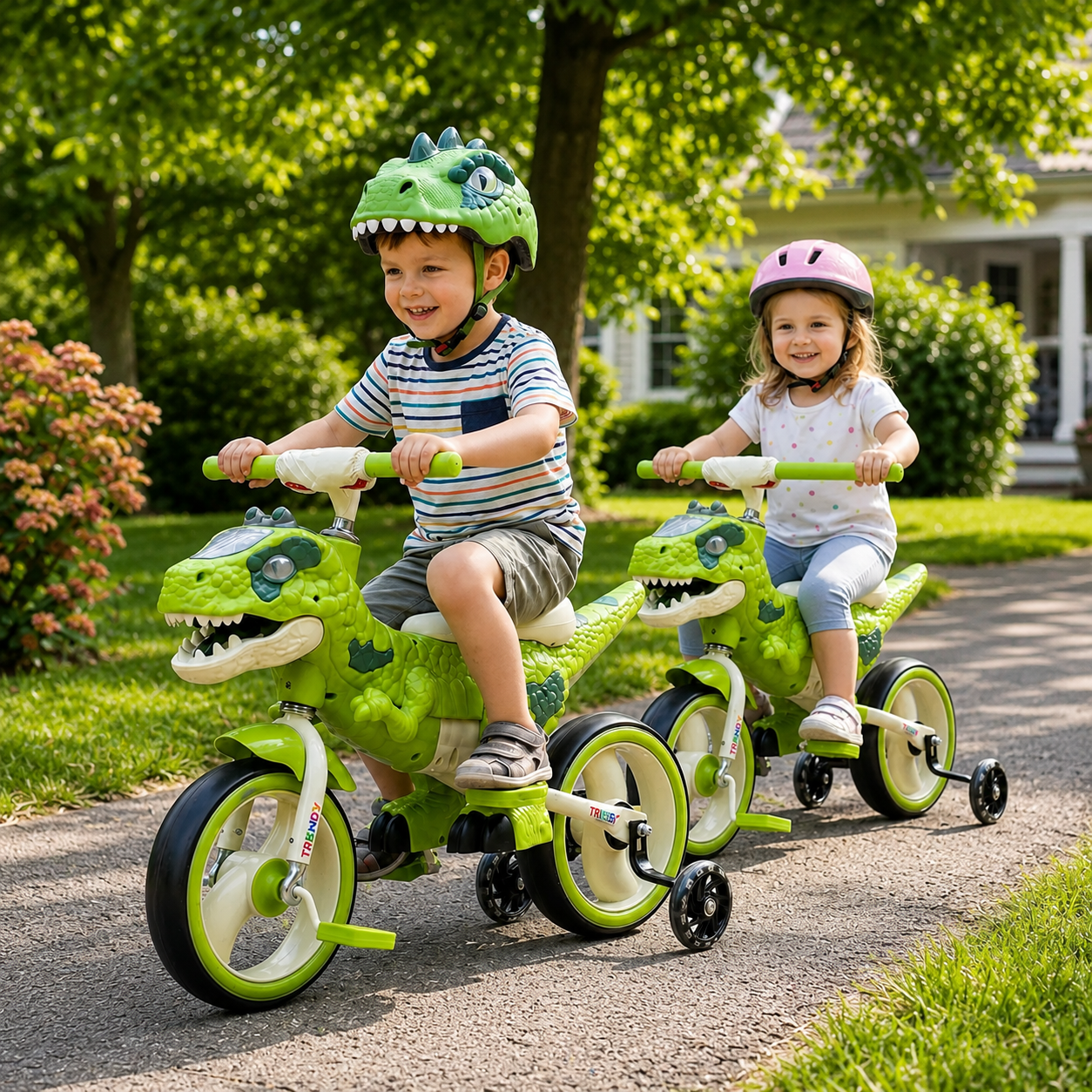 Bicicleta pentru copii 2 in 1 , model Dinozaur T-Rex, pedale detasabile, roti ajutatoare detasabile, roti cu LED, scaun ergonomic, verde