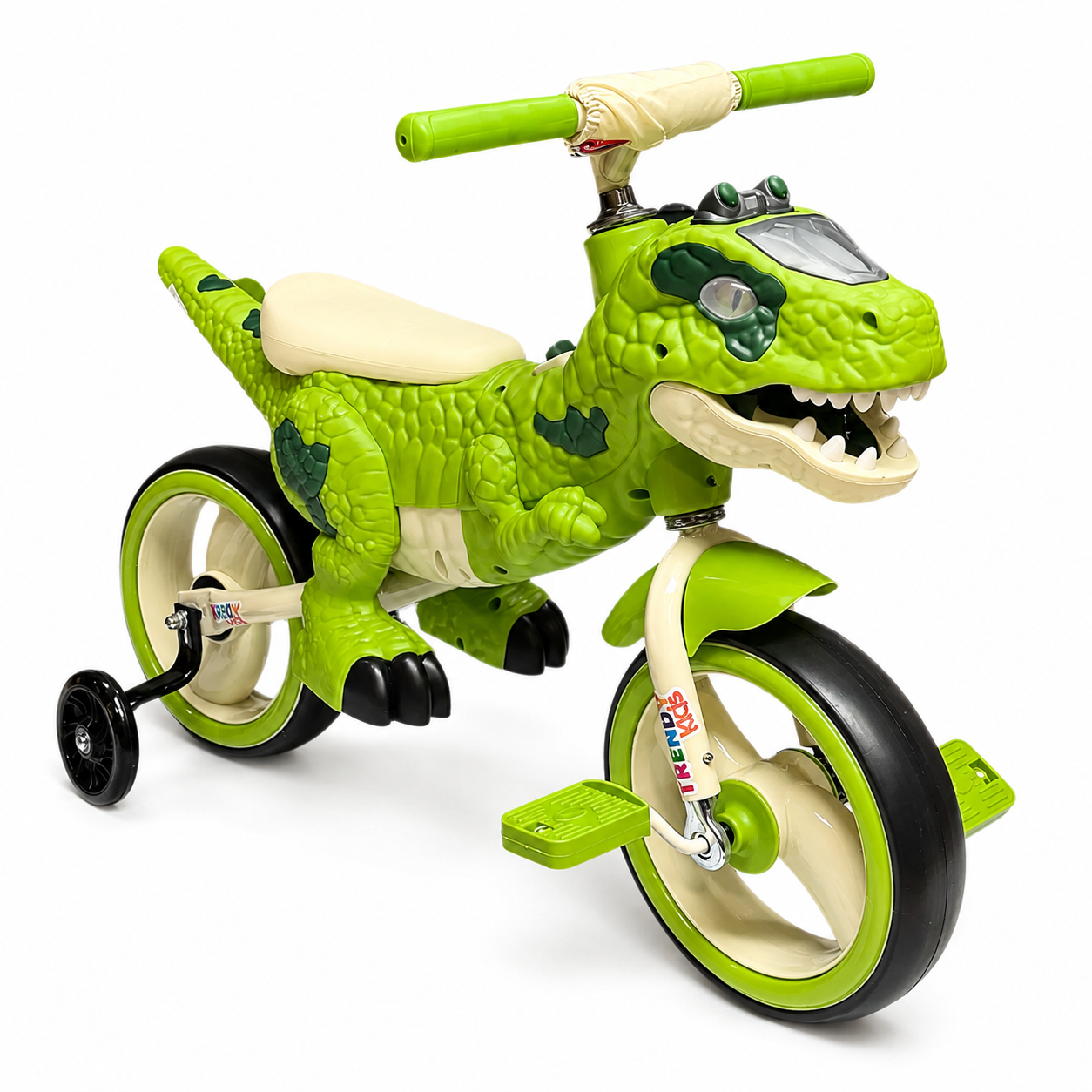 Bicicleta pentru copii 2 in 1 , model Dinozaur T-Rex, pedale detasabile, roti ajutatoare detasabile, roti cu LED, scaun ergonomic, verde