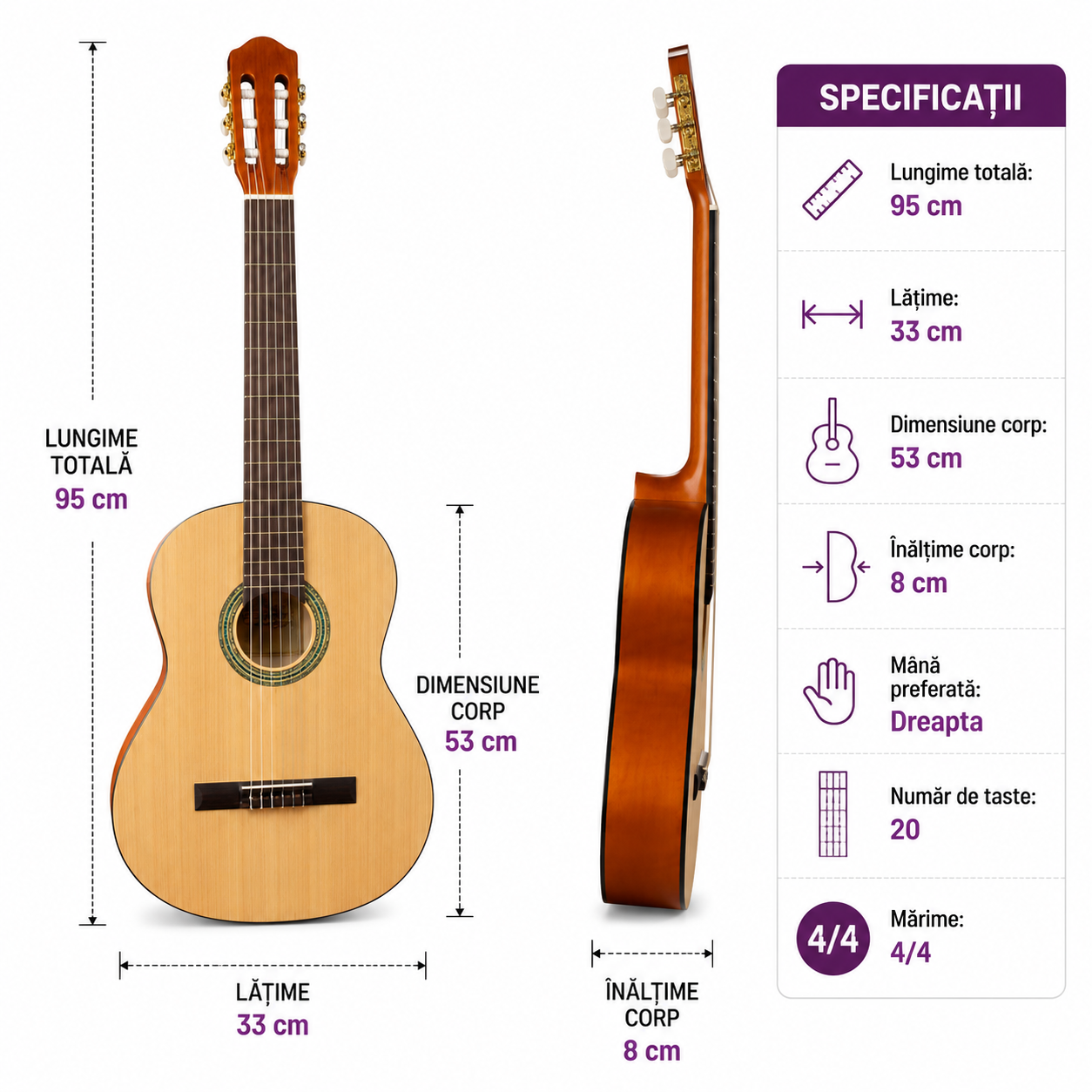 Chitara acustica, marime 4/4, 6 corzi metalice, 20 taste, pentru incepatori si copii, lemn