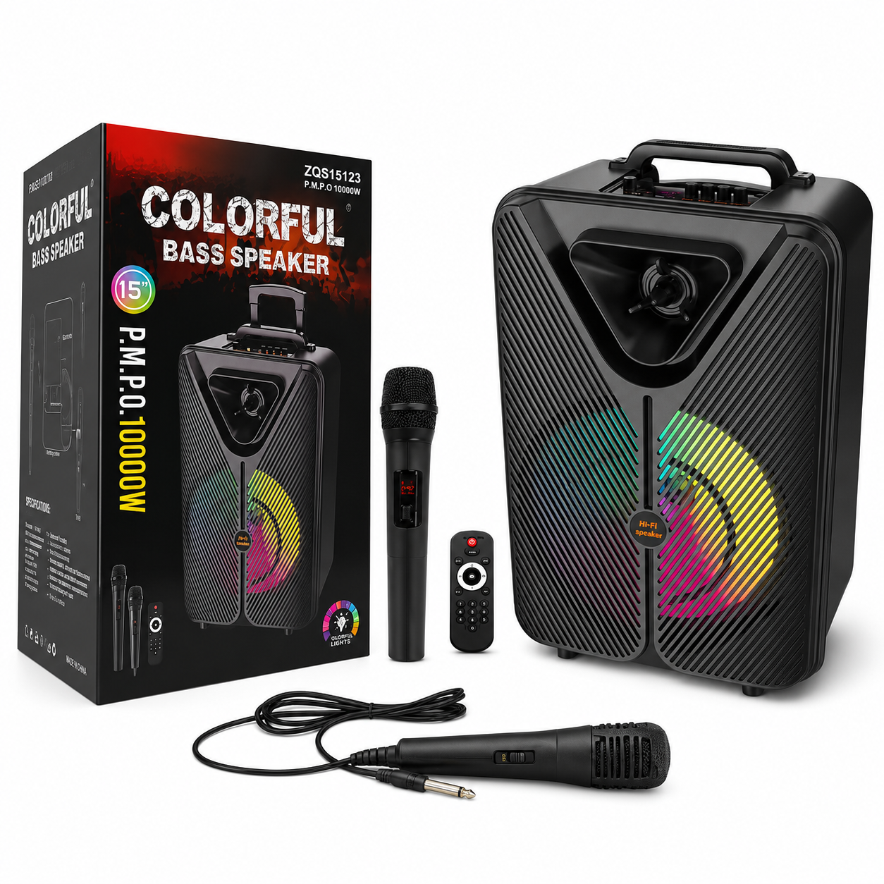 Boxa Portabila Bluetooth Sing-e ZQS15123, Difuzor 15", Putere 40W, Lumini RGB, Microfon Wireless, Telecomanda, USB, TF Card, AUX, FM Radio