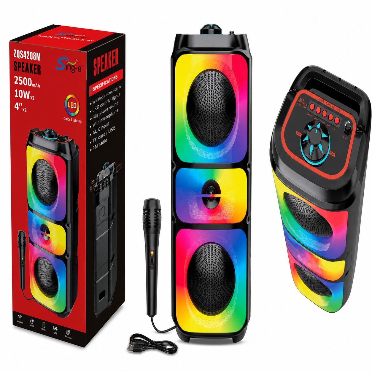 Boxa Portabila Bluetooth Sing-e ZQS42108M, 200W, Bluetooth 5.3, 2 x Difuzoare 4", Lumini LED RGB, Microfon Inclus, Acumulator 2500 mAh