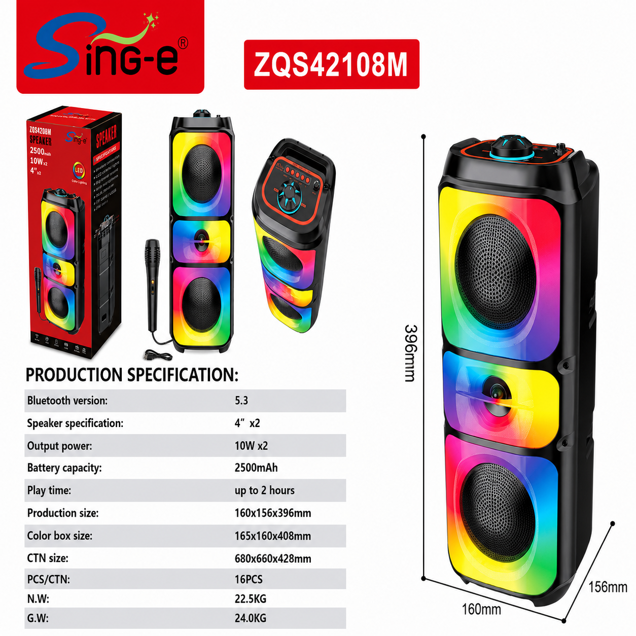 Boxa Portabila Bluetooth Sing-e ZQS42108M, 200W, Bluetooth 5.3, 2 x Difuzoare 4", Lumini LED RGB, Microfon Inclus, Acumulator 2500 mAh