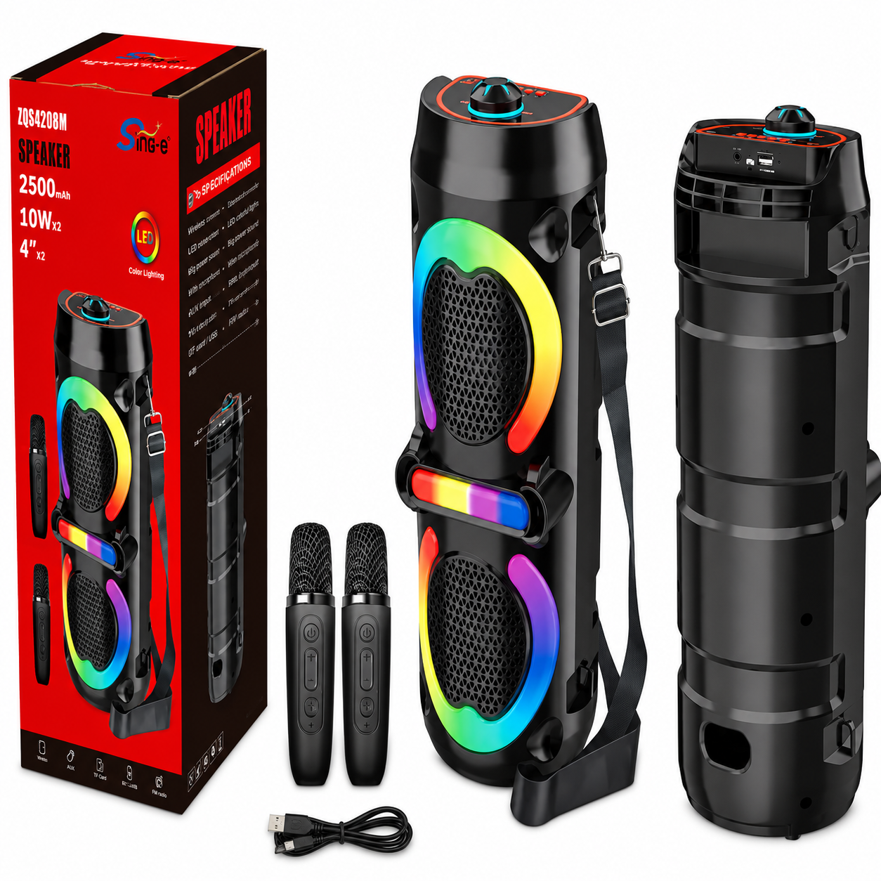 Boxa Portabila Bluetooth Karaoke ZQS42111KW, 200W, 2 Microfoane Wireless Incluse, Lumini LED RGB, Bass Puternic, Curea de Transport, Acumulator 2500 mAh, Negru