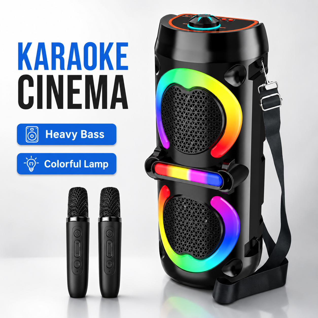Boxa Portabila Bluetooth Karaoke ZQS42111KW, 200W, 2 Microfoane Wireless Incluse, Lumini LED RGB, Bass Puternic, Curea de Transport, Acumulator 2500 mAh, Negru
