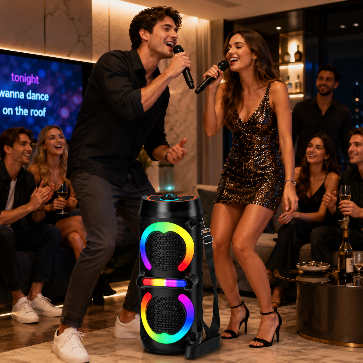 Boxa Portabila Bluetooth Karaoke ZQS42111KW, 200W, 2 Microfoane Wireless Incluse, Lumini LED RGB, Bass Puternic, Curea de Transport, Acumulator 2500 mAh, Negru