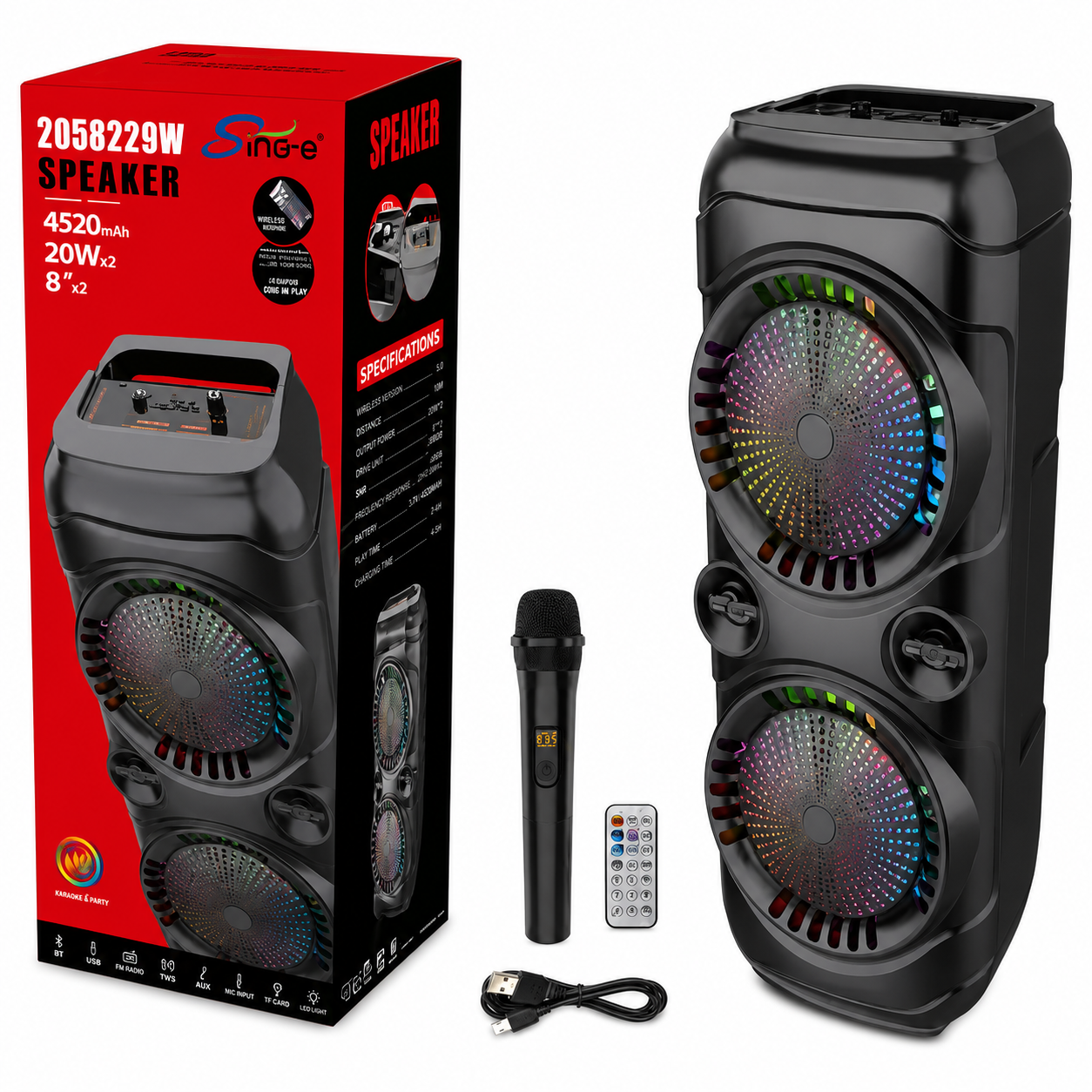 Boxa Portabila ZQS8229W, 2 x Difuzoare 8", 40W, Bluetooth, Lumini LED RGB, Microfon Inclus, Telecomanda, Baterie 4500 mAh