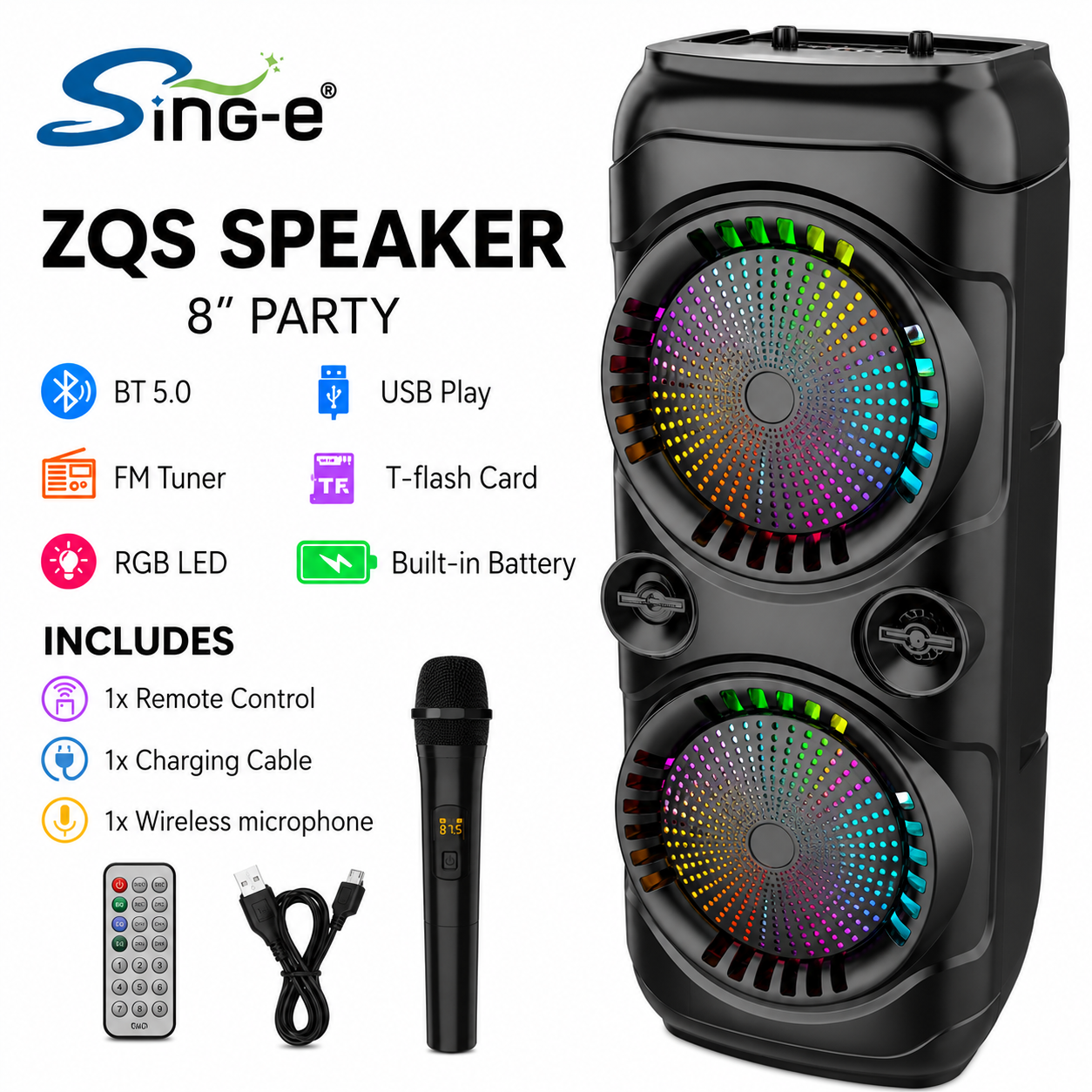 Boxa Portabila ZQS8229W, 2 x Difuzoare 8", 40W, Bluetooth, Lumini LED RGB, Microfon Inclus, Telecomanda, Baterie 4500 mAh