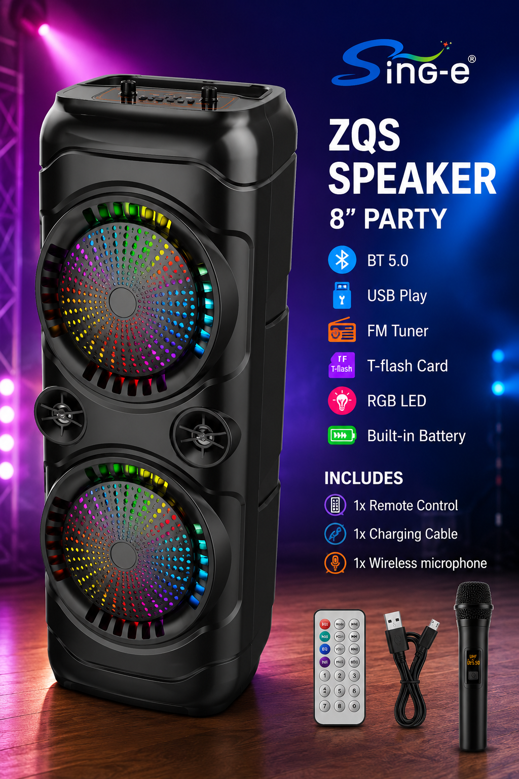 Boxa Portabila ZQS8229W, 2 x Difuzoare 8", 40W, Bluetooth, Lumini LED RGB, Microfon Inclus, Telecomanda, Baterie 4500 mAh
