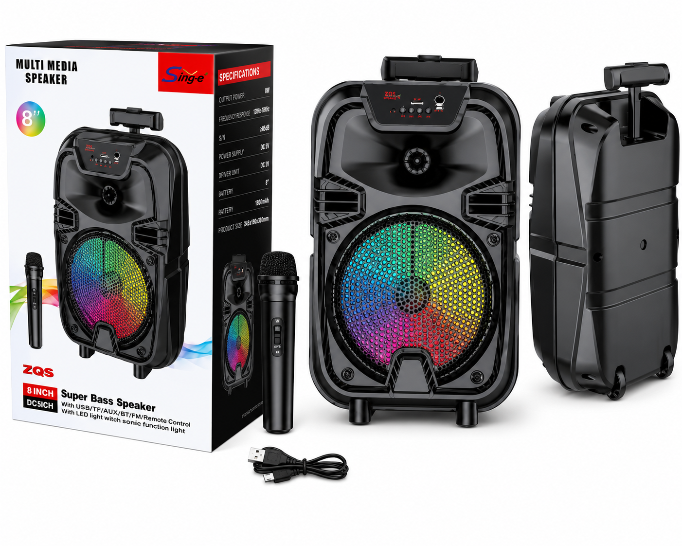 Boxa Portabila Bluetooth Sing-e ZQS8188, 200W PMPO, Difuzor 8", Microfon Wireless, Lumini LED RGB, USB, TF Card, FM Radio, Telecomanda, Acumulator 3000 mAh