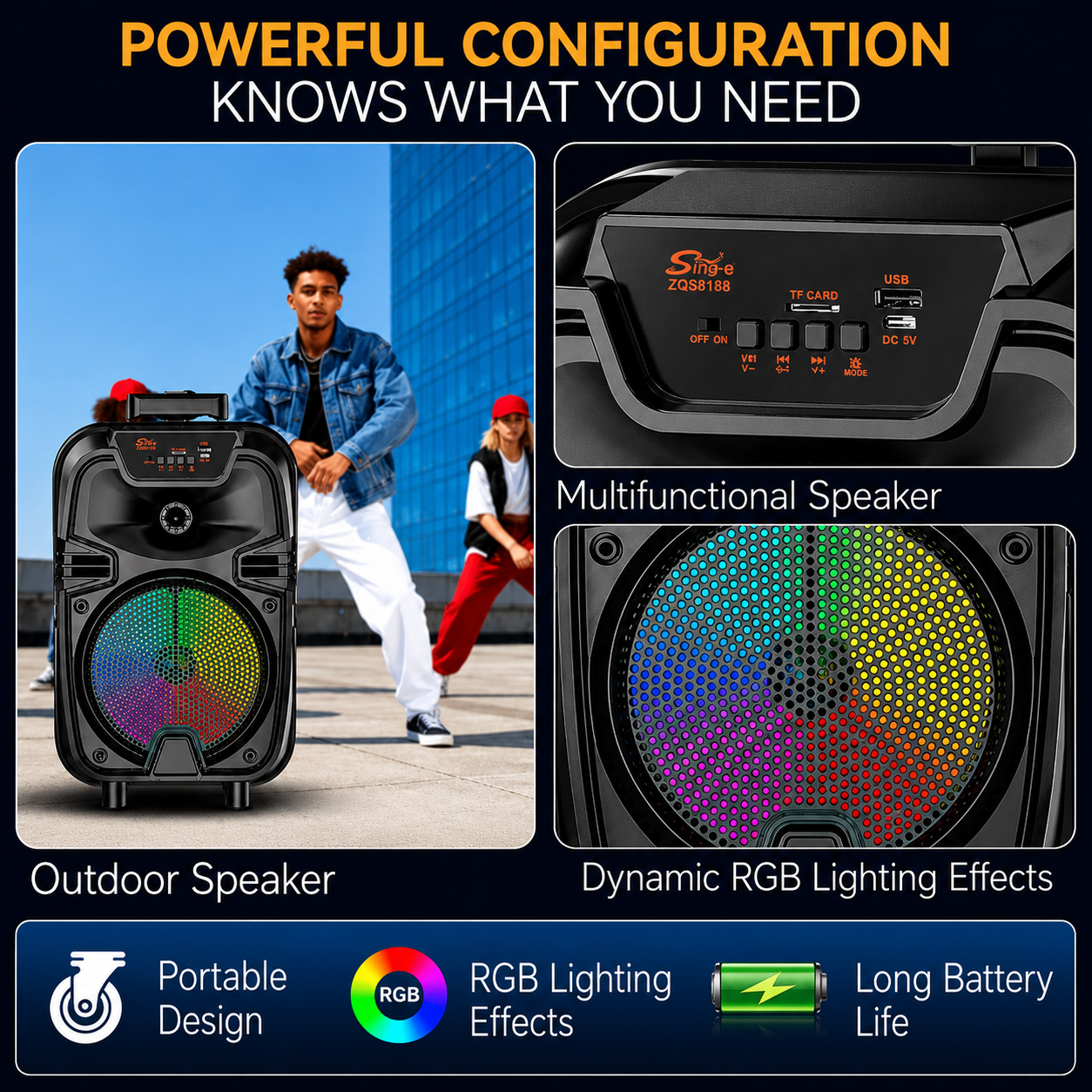 Boxa Portabila Bluetooth Sing-e ZQS8188, 200W PMPO, Difuzor 8", Microfon Wireless, Lumini LED RGB, USB, TF Card, FM Radio, Telecomanda, Acumulator 3000 mAh