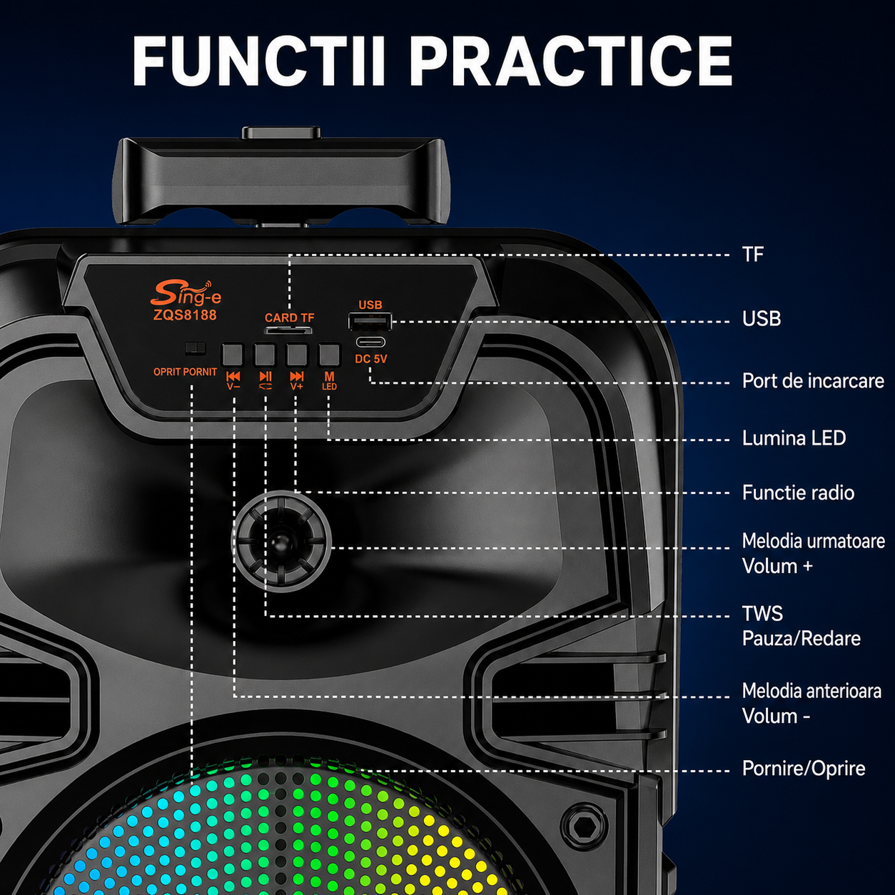 Boxa Portabila Bluetooth Sing-e ZQS8188, 200W PMPO, Difuzor 8", Microfon Wireless, Lumini LED RGB, USB, TF Card, FM Radio, Telecomanda, Acumulator 3000 mAh