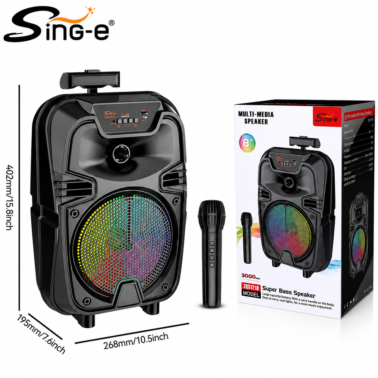 Boxa Portabila Bluetooth Sing-e ZQS8188, 200W PMPO, Difuzor 8", Microfon Wireless, Lumini LED RGB, USB, TF Card, FM Radio, Telecomanda, Acumulator 3000 mAh