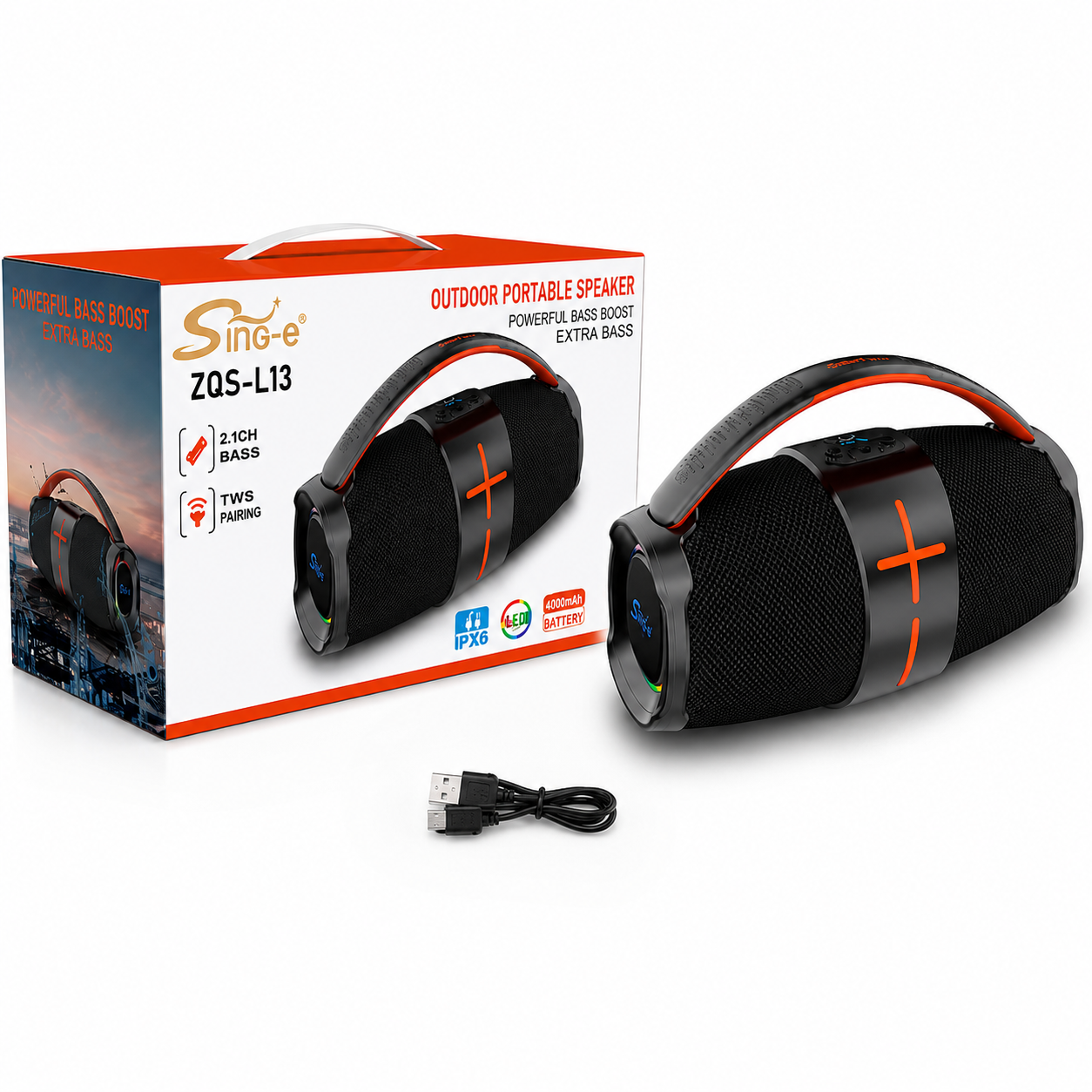 Boxa Portabila Bluetooth Sing-e ZQS-L13, 200W PMPO, 2 x Difuzoare 2.25", Bass Boost, Lumini RGB LED, USB, TF Card, AUX, IPX5, Acumulator 3000 mAh
