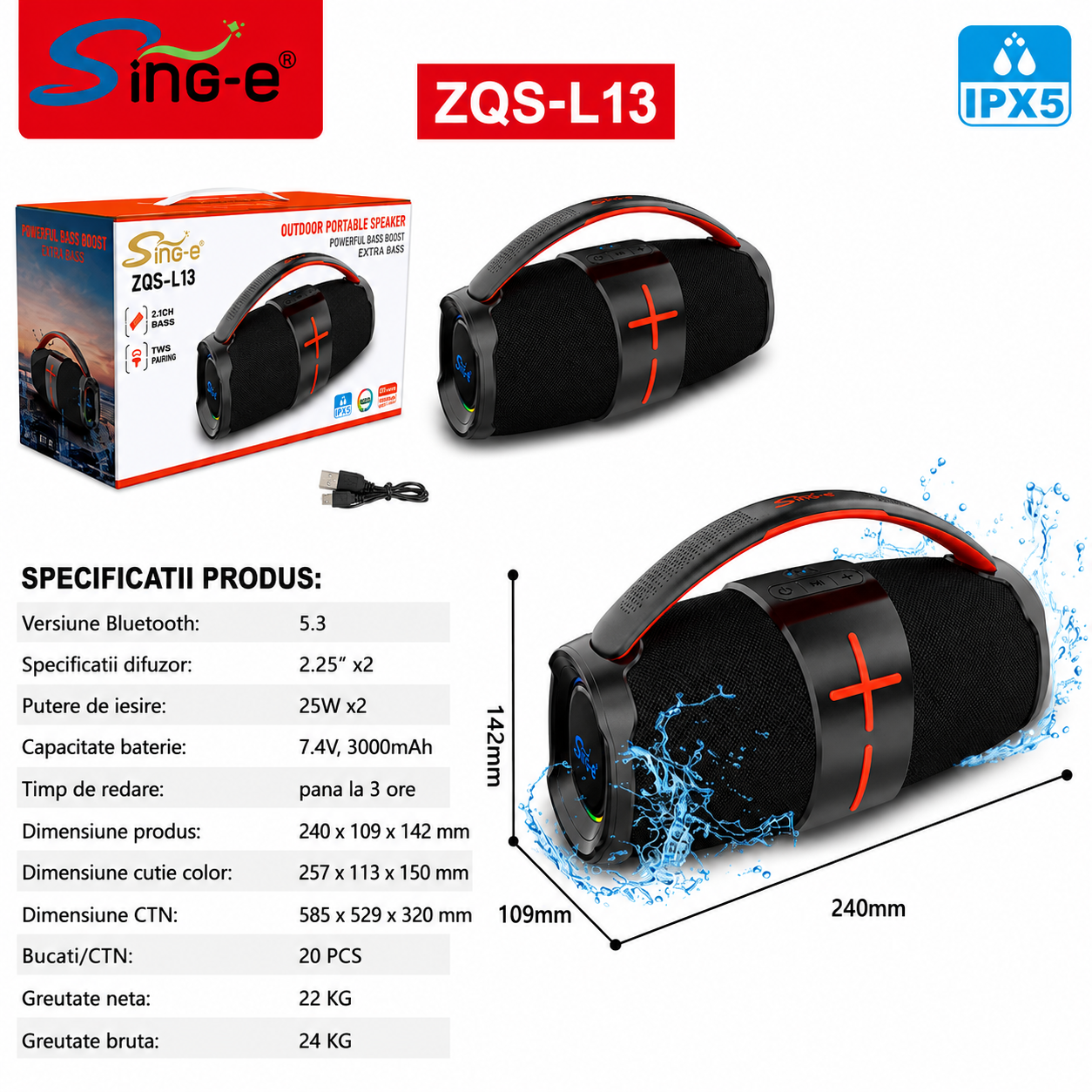 Boxa Portabila Bluetooth Sing-e ZQS-L13, 200W PMPO, 2 x Difuzoare 2.25", Bass Boost, Lumini RGB LED, USB, TF Card, AUX, IPX5, Acumulator 3000 mAh