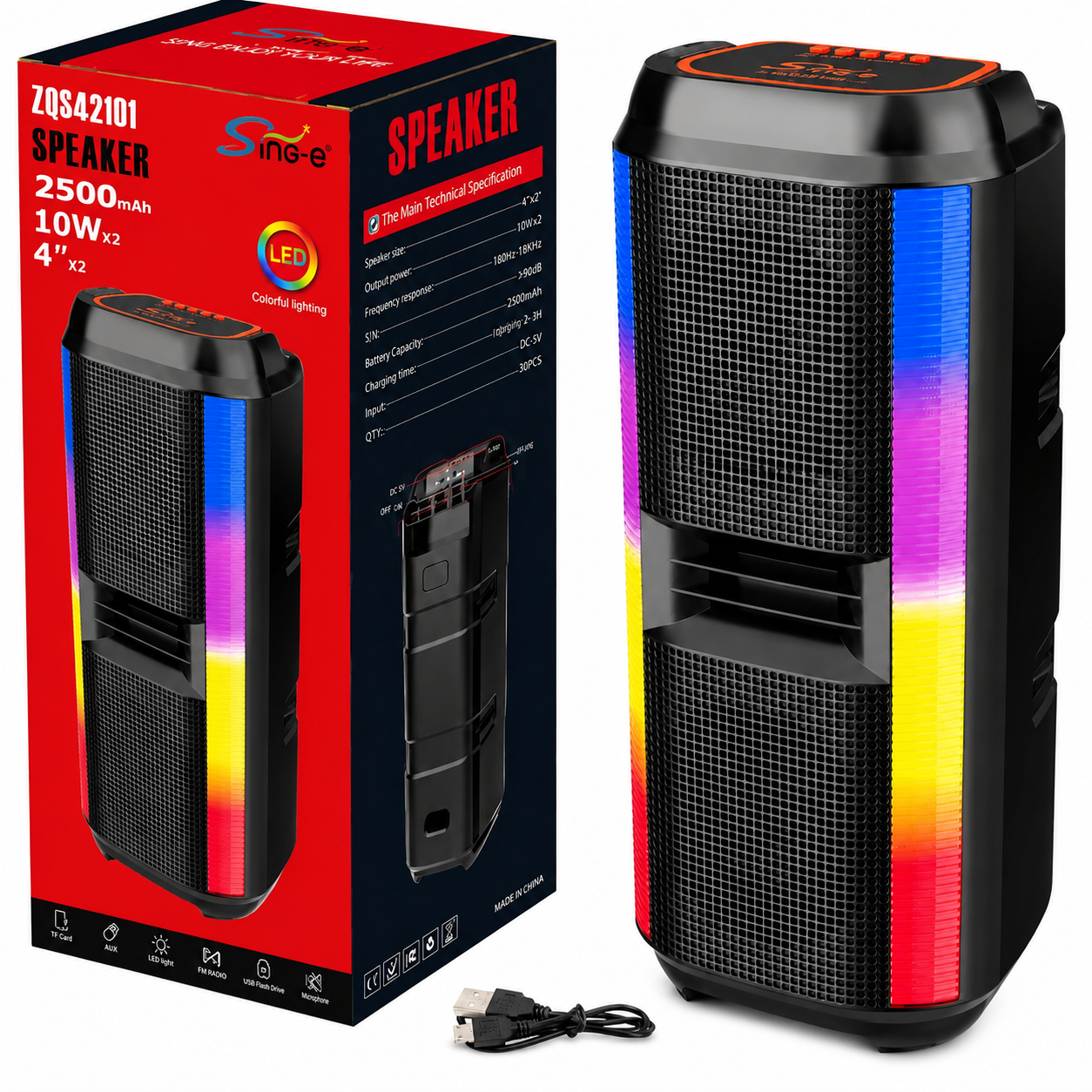 Boxa Portabila Bluetooth Sing-e ZQS42101, 200W, 2 x Difuzoare 4", Bluetooth 5.0, Lumini LED RGB, USB, TF Card, Acumulator 2500 mAh