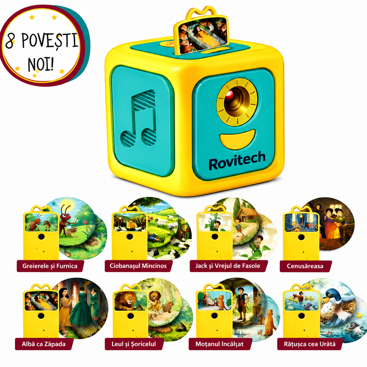 Proiector cu povesti pentru copii in limba romana, 8 povesti clasice, proiectie pe tavan si perete, 8 cantece de leagan, lampa de veghe, oprire automata