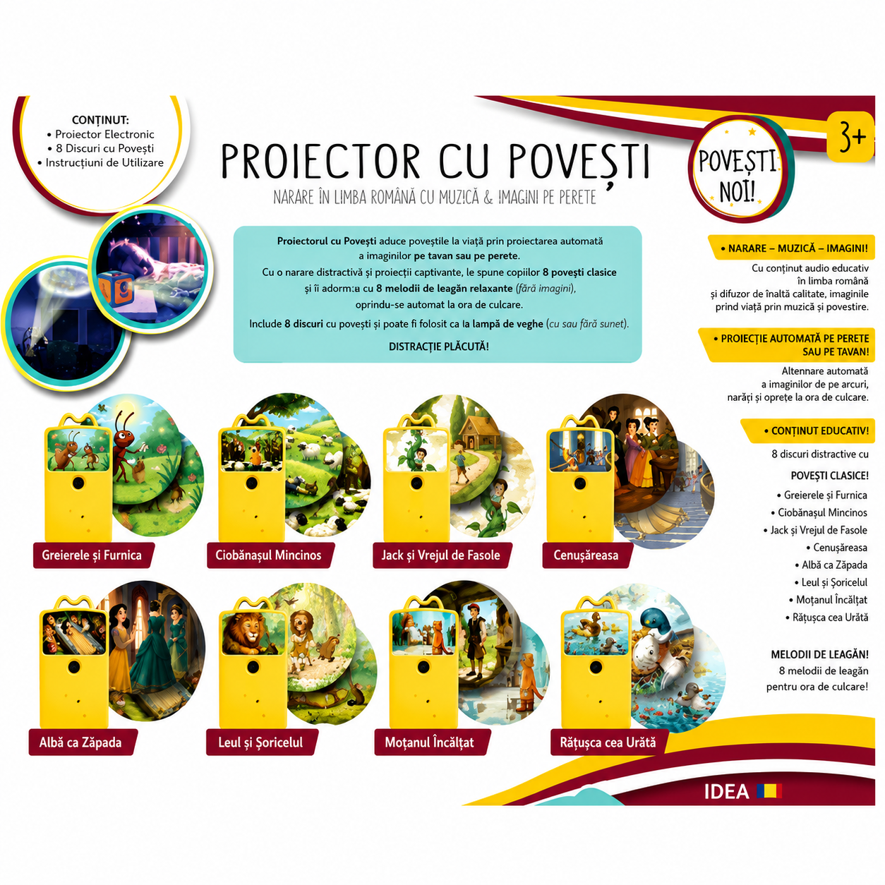 Proiector cu povesti pentru copii in limba romana, 8 povesti clasice, proiectie pe tavan si perete, 8 cantece de leagan, lampa de veghe, oprire automata