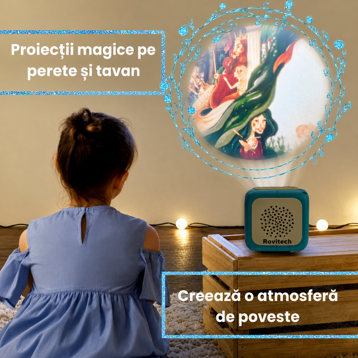 Proiector cu povesti pentru copii in limba romana, 8 povesti clasice, proiectie pe tavan si perete, 8 cantece de leagan, lampa de veghe, oprire automata