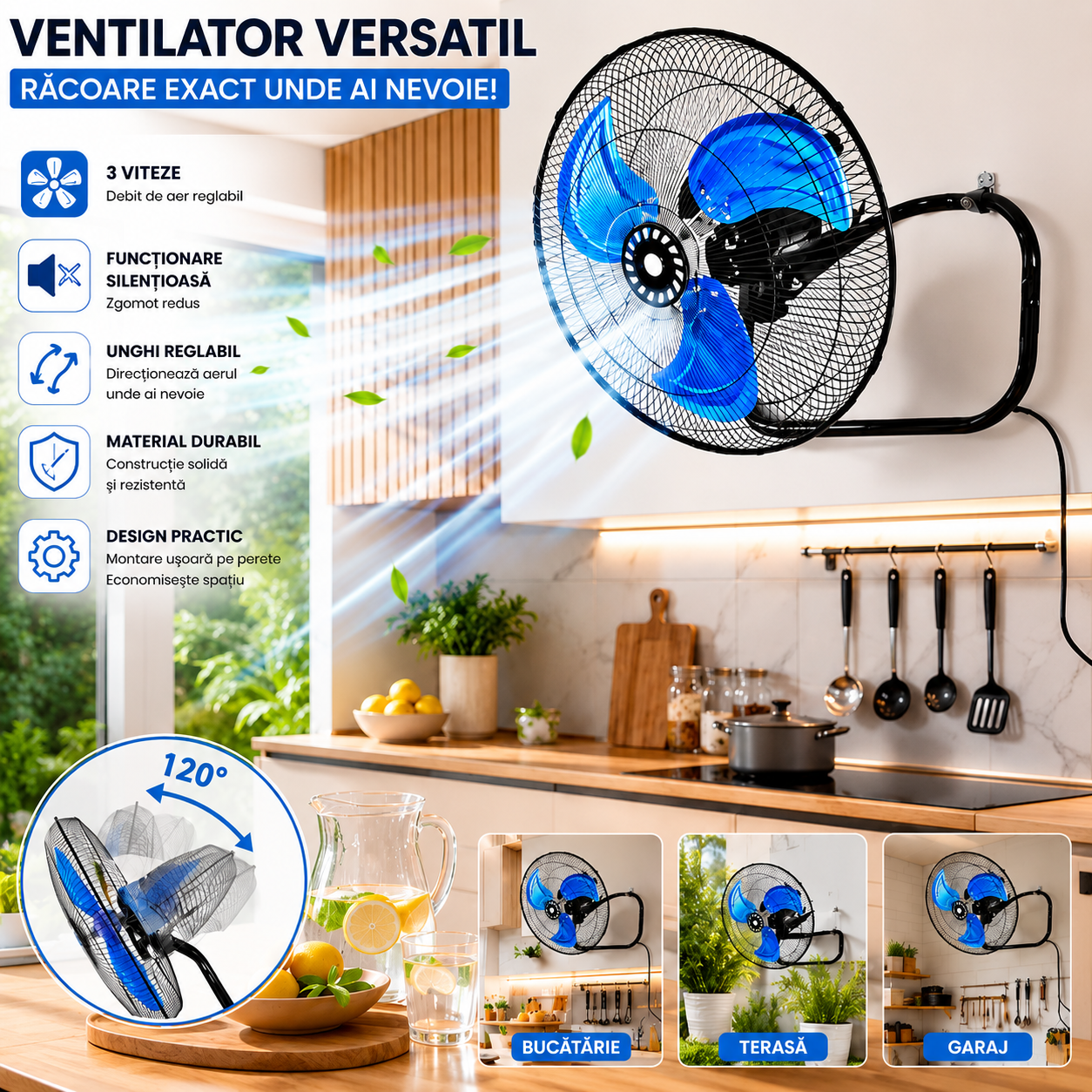 Ventilator 3 în 1, 65W, 18 Inch, podea, perete și picior, 3 viteze, sscilatie, reglabil pe inaltime