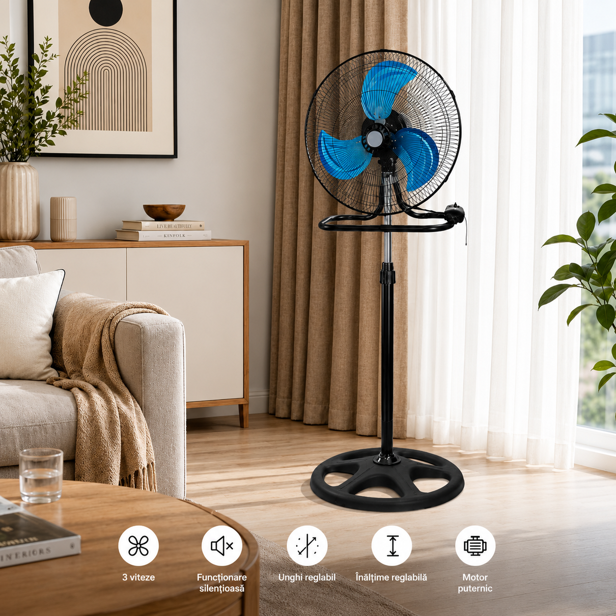 Ventilator 3 în 1, 65W, 18 Inch, podea, perete și picior, 3 viteze, sscilatie, reglabil pe inaltime